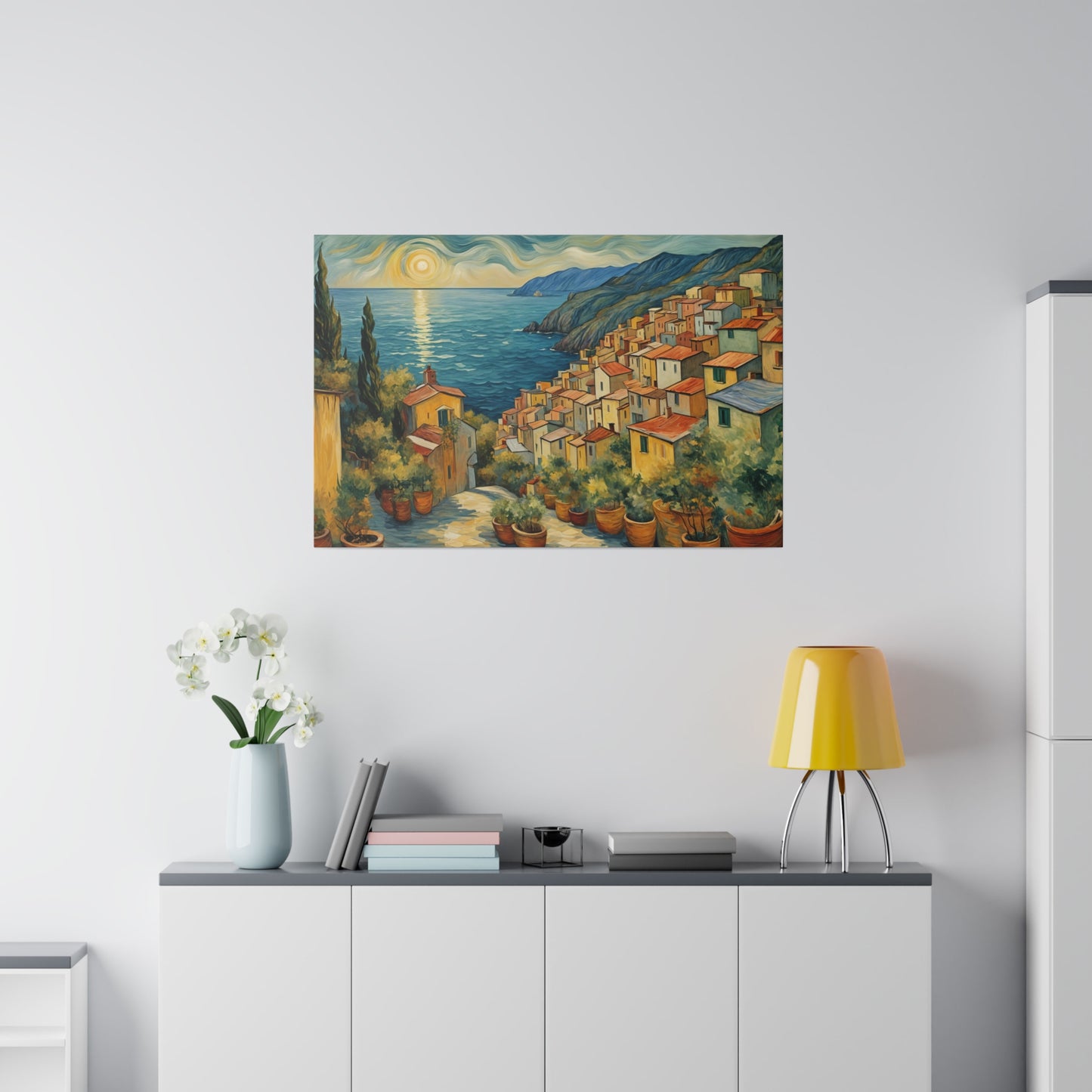 This print evokes a sense of tranquility and wonder, capturing the serene beauty of the Italian coast at sunrise. Van Gogh’s unique style infuses the scene with energy and emotion, making the viewer feel the warmth of the rising sun, the gentle breeze from the ocean, and the timeless charm of the coastal town. The combination of vivid colors, dynamic brushstrokes, and harmonious composition creates a captivating and immersive experience, transporting the viewer to this idyllic seaside retreat.