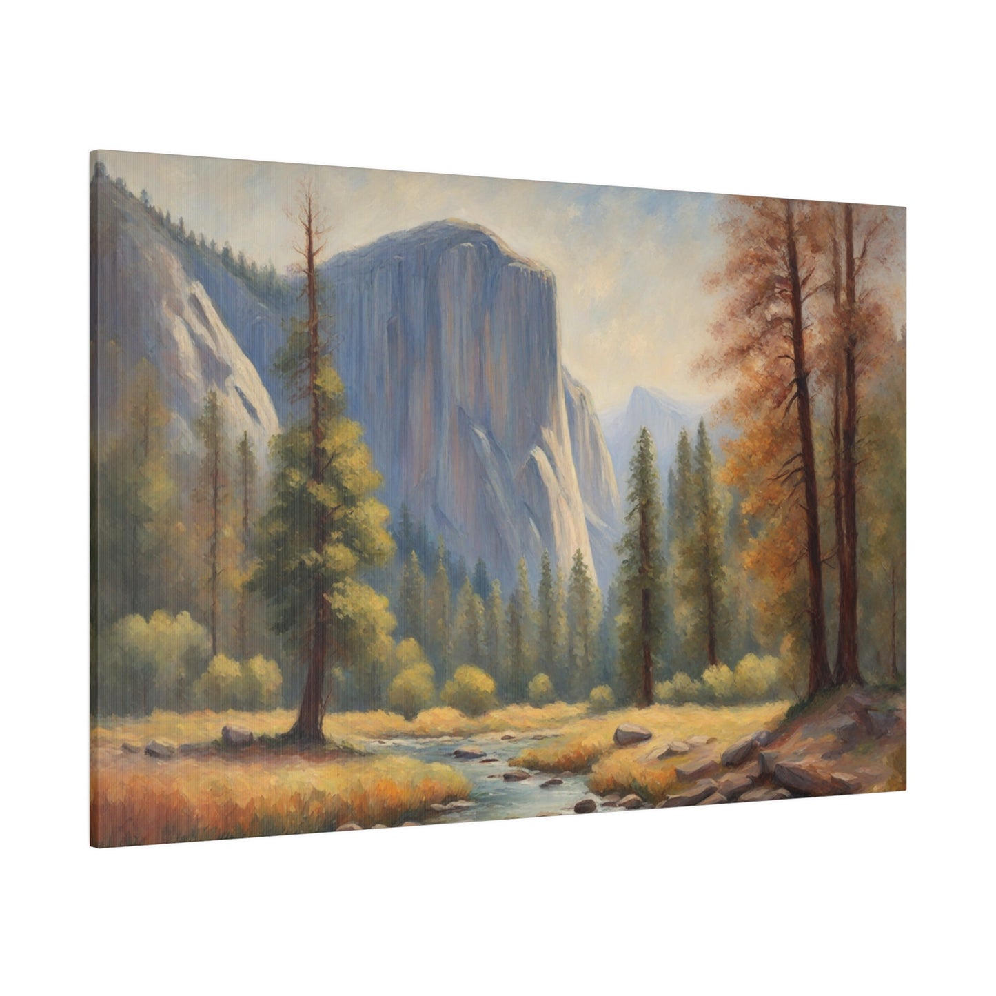 A serene river winds through a lush Yosemite National Park valley, flanked by towering trees and majestic mountains in the background. Soft light enhances the tranquil and picturesque natural scenery.