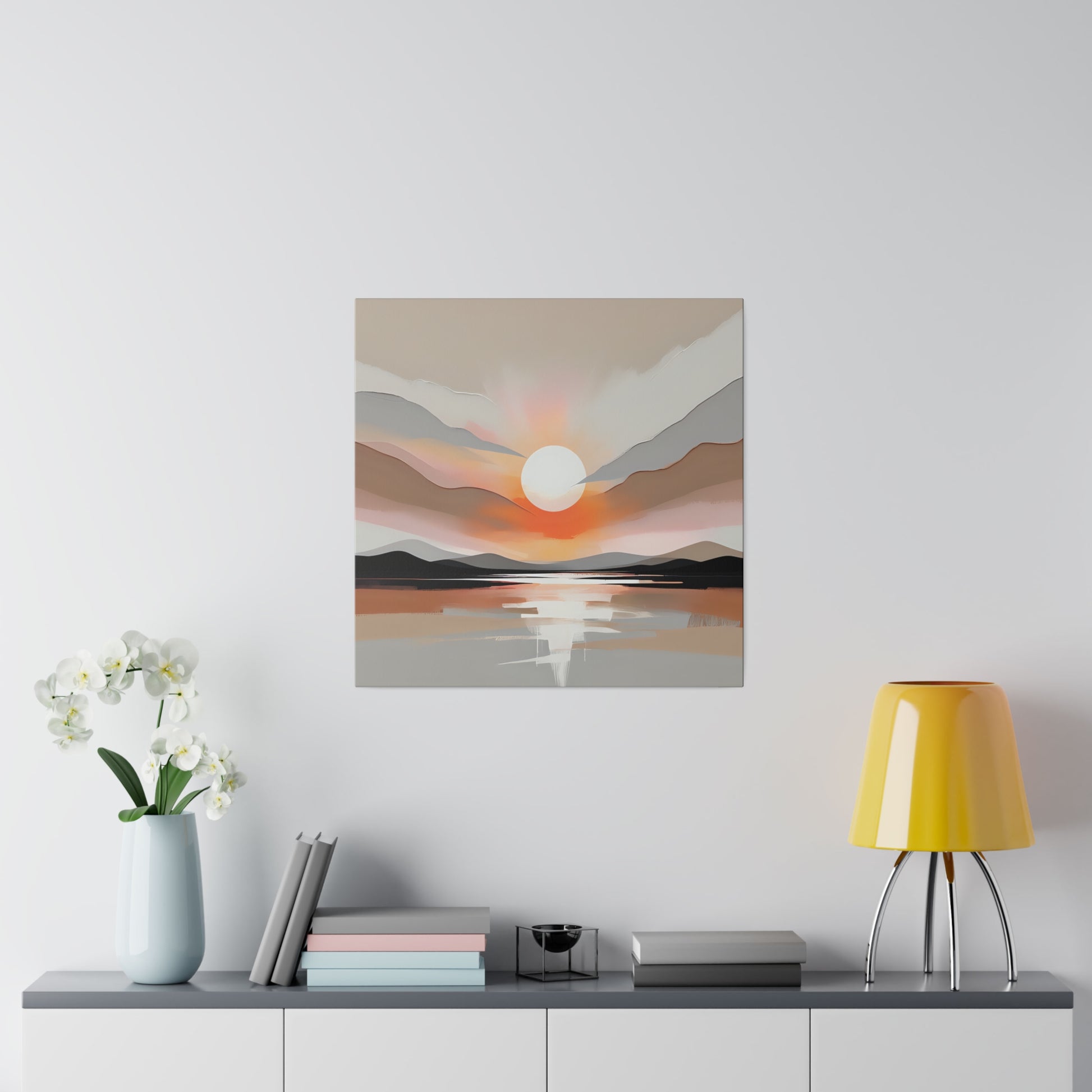 "Sunset Serenity" is an abstract print that captures the enchanting beauty of a sunset over rolling hills and mountains. This piece evokes a sense of calm and wonder, blending vivid colors and fluid forms to create a mesmerizing landscape.