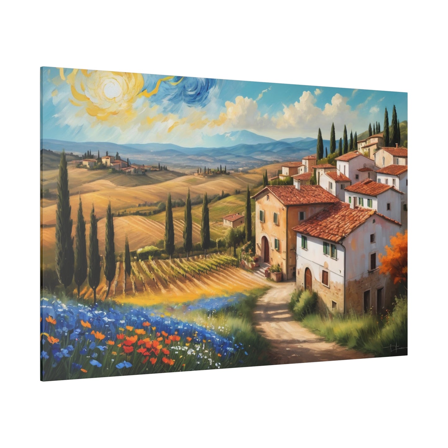 Experience the beauty and romance of Italy's Tuscany region with our stunning Van Gogh style wine country print. Transport yourself to rolling hills, vineyards, and picturesque villages with this vibrant and captivating piece. Perfect for adding a touch of sophistication and wanderlust to any space.