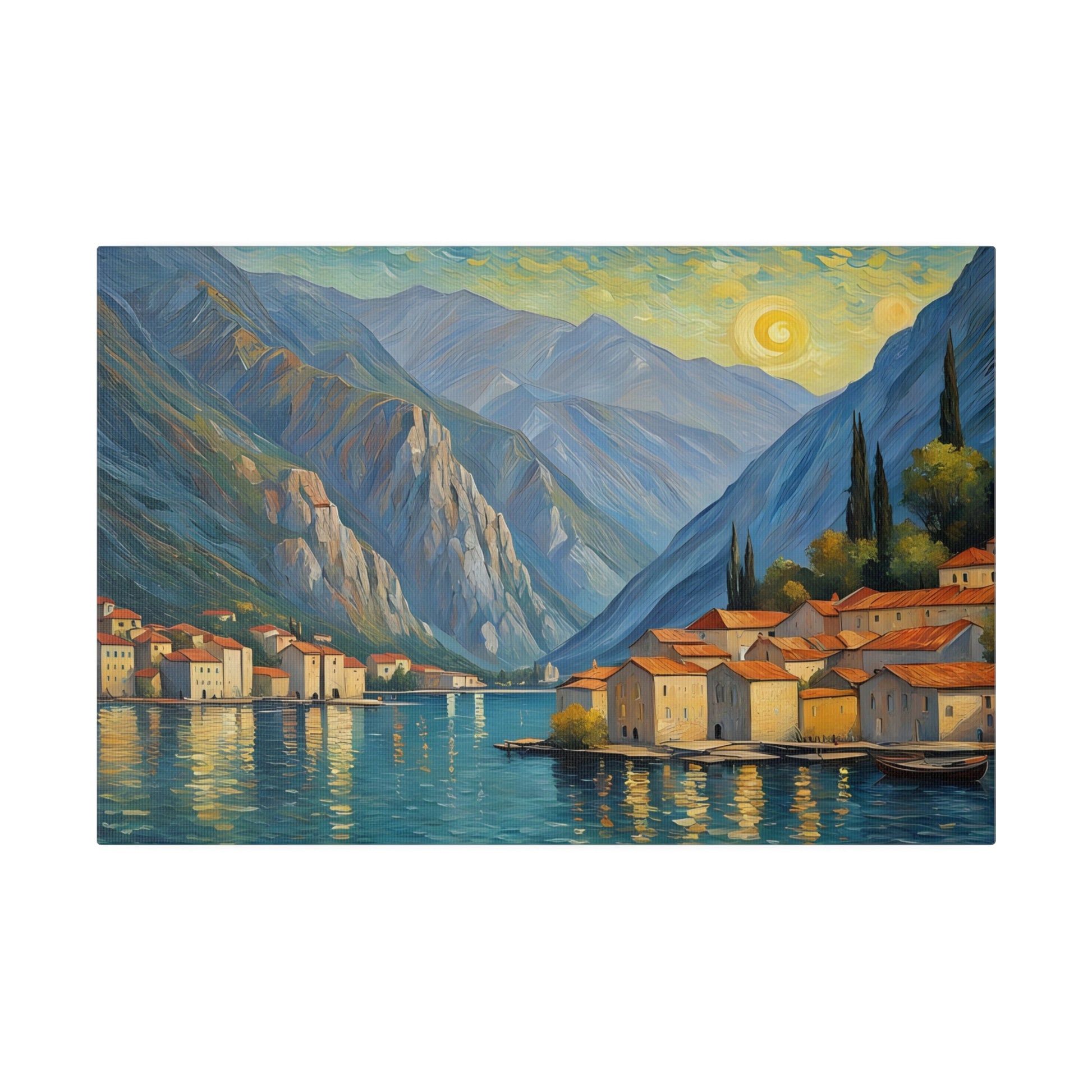 Van Gogh Style The Bay of Kotor, nestled along the Adriatic coast of Montenegro, is a breathtakingly beautiful fjord-like inlet surrounded by towering mountains and dotted with charming medieval towns. Often referred to as Europe's southernmost fjord, this UNESCO World Heritage Site captivates visitors with its stunning natural scenery and rich cultural heritage.