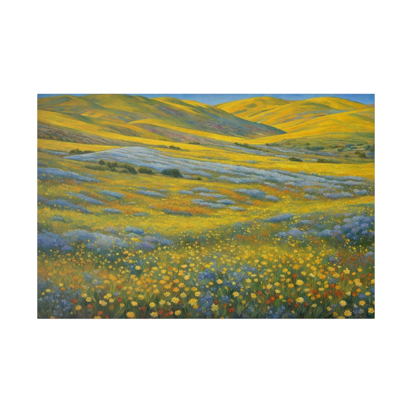 California Carrizo Plain Super Bloom. A vast landscape is covered with vibrant yellow wildflowers, stretching toward rolling hills on the horizon. Blue and purple flowers add a dash of contrasting color against the golden yellow bloom and green grasses swaying under a clear sky.