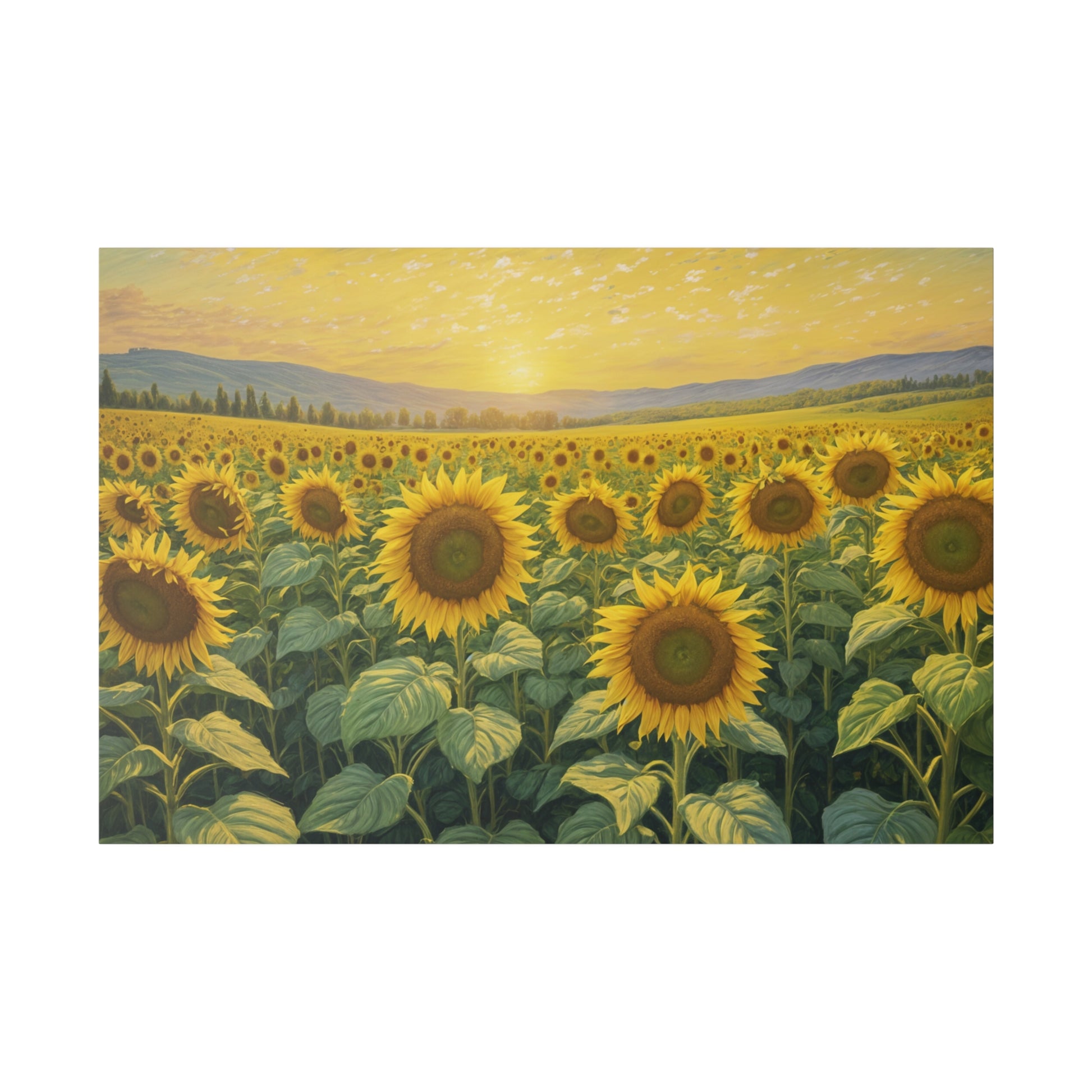 Bask in the golden glow of "Sunrise in Sunflower Valley," an enchanting impressionist print that captures the radiant beauty of a sunflower field at dawn. This exquisite artwork showcases sunflowers bathed in the soft, warm light of the rising sun, while a gentle haze blankets the high rolling hills in the background. Perfect for bringing a touch of warmth and natural splendor to any space, this print transforms your decor into a vibrant and serene haven.