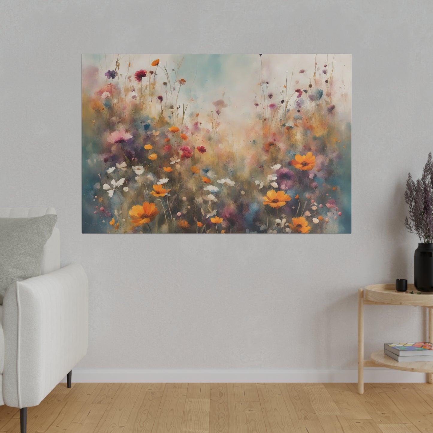 Step into the enchanting world of "Wildflower Symphony," a captivating print that celebrates the vibrant beauty of a field filled with wildflowers. This stunning piece of art effortlessly blends a variety of soft colors, including blues, violets, purples, and yellows, creating a serene and mesmerizing landscape.