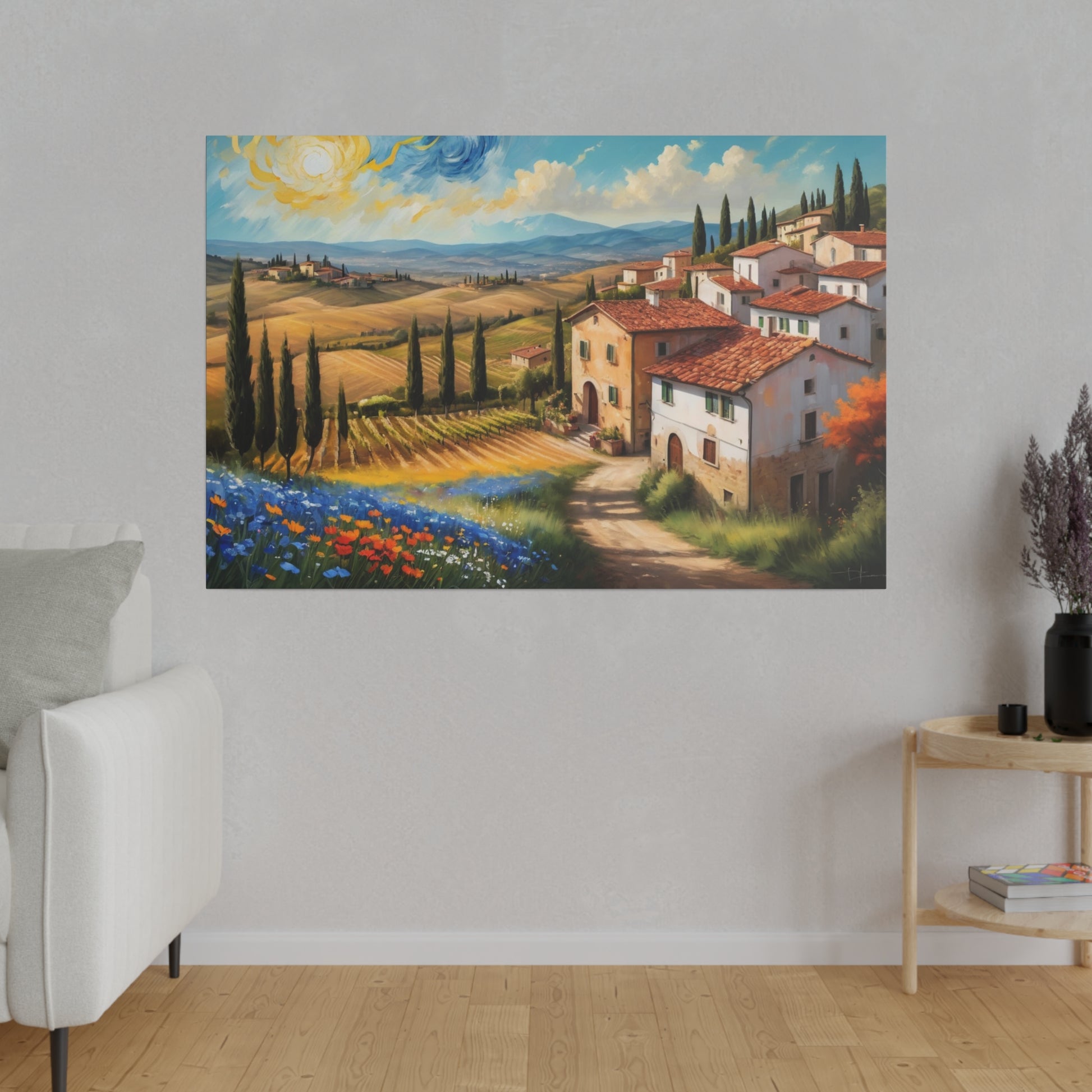 Experience the beauty and romance of Italy's Tuscany region with our stunning Van Gogh style wine country print. Transport yourself to rolling hills, vineyards, and picturesque villages with this vibrant and captivating piece. Perfect for adding a touch of sophistication and wanderlust to any space.