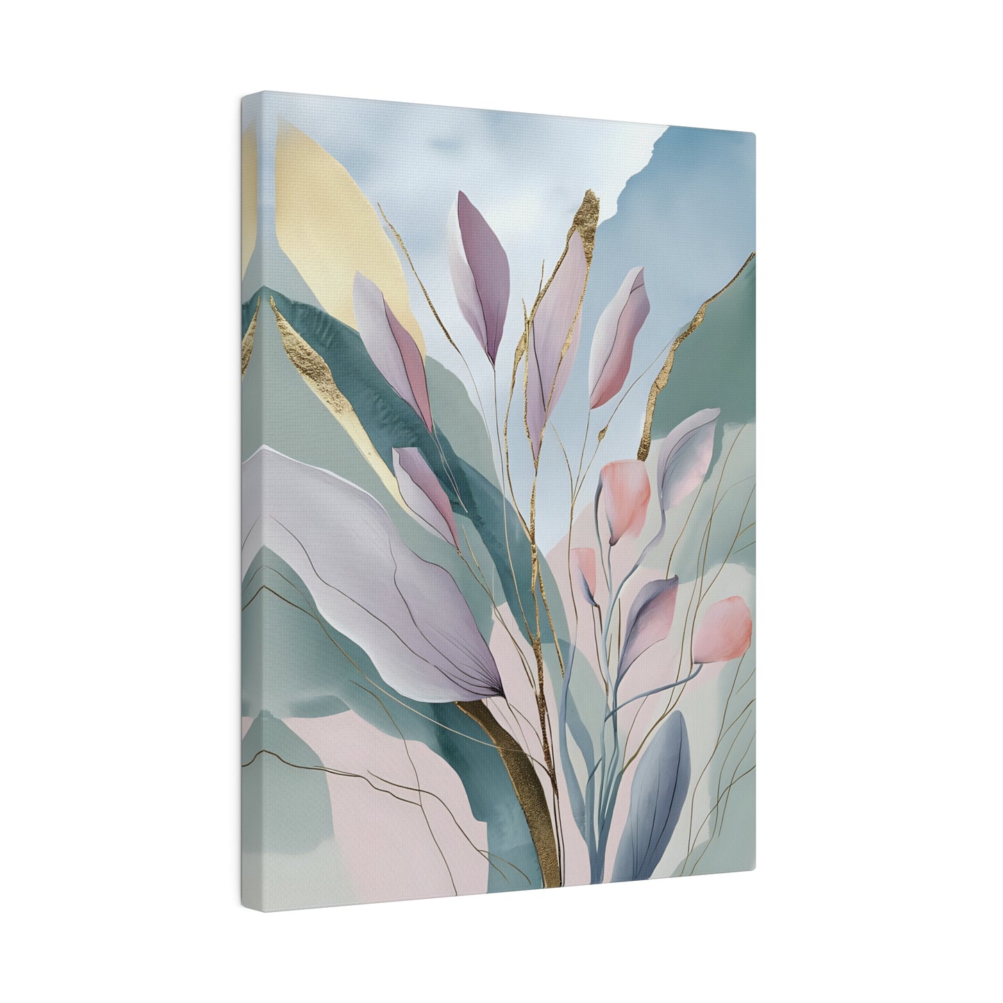 Delicate abstract watercolor leaves are depicted in soft pastel colors with accents of gold, creating a serene and ethereal composition. The background features subtle gradients of blue, green, and beige hues, adding depth and harmony to the scene.