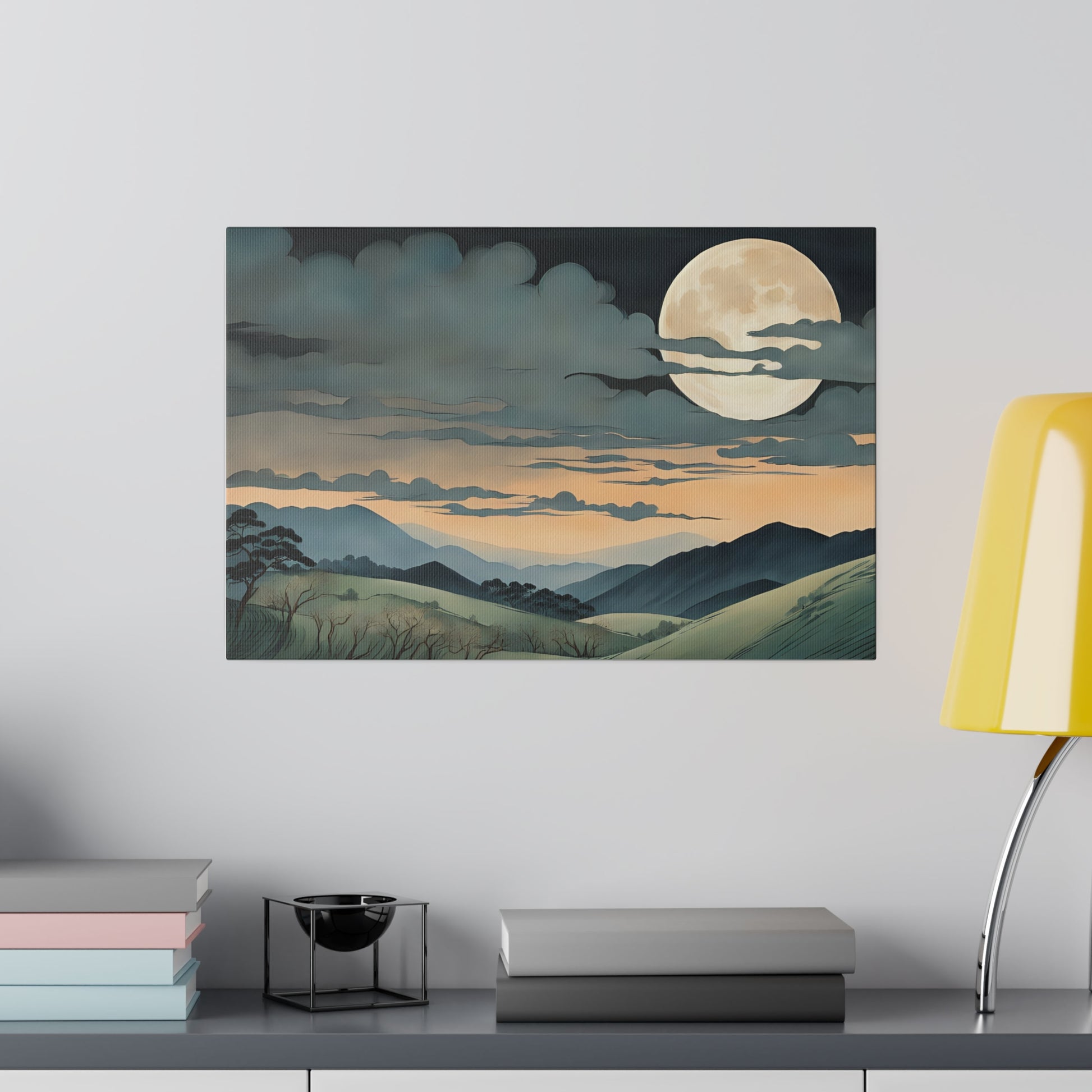 Embrace the timeless aesthetic of traditional Japanese art with "Moonlit Serenity." The harmonious composition features gracefully curved hills and imposing mountains, painted in muted earth tones that reflect the natural beauty of the landscape. The bright moon and drifting clouds create a balanced interplay of light and shadow, evoking a sense of calm and introspection. Perfect for living rooms, bedrooms, or meditation spaces, this print brings the serene elegance of Japanese landscapes into your home.