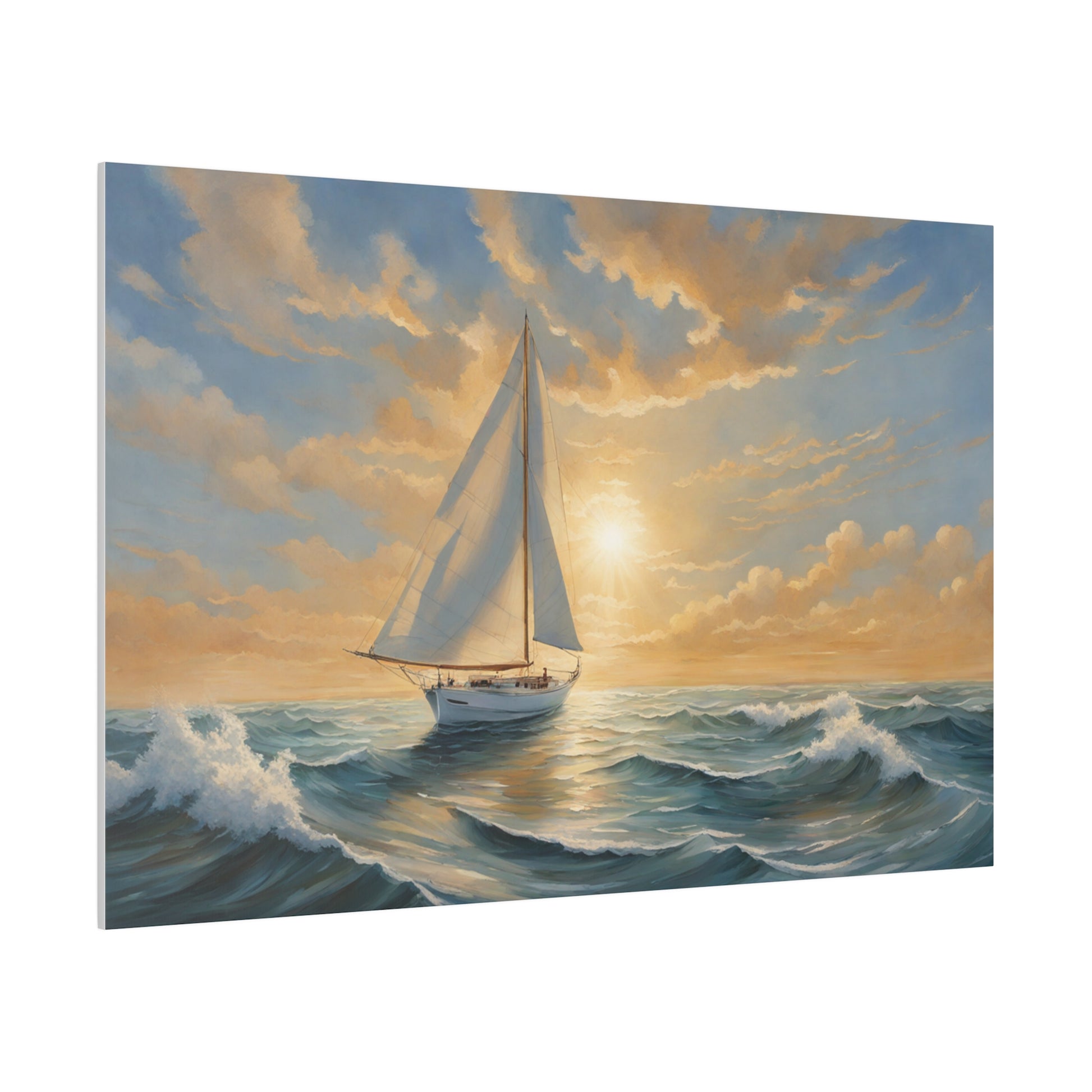 Embark on a journey of tranquil adventure with "Sailing Through Serenity," a captivating print that portrays a sailboat gliding gracefully through choppy ocean waves. Above, the sun breaks through the clouds, casting radiant beams of light onto the restless sea. This artwork combines dynamic movement with serene beauty, making it a perfect piece to bring a touch of nautical elegance to any space.