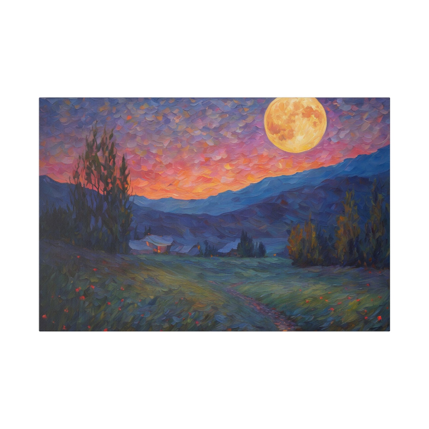 Introducing our enchanting Impressionism Van Gogh Style print, featuring the serene beauty of moonlight over a countryside and mountains, a piece that captures the tranquil essence of nature in a timeless, artistic style.