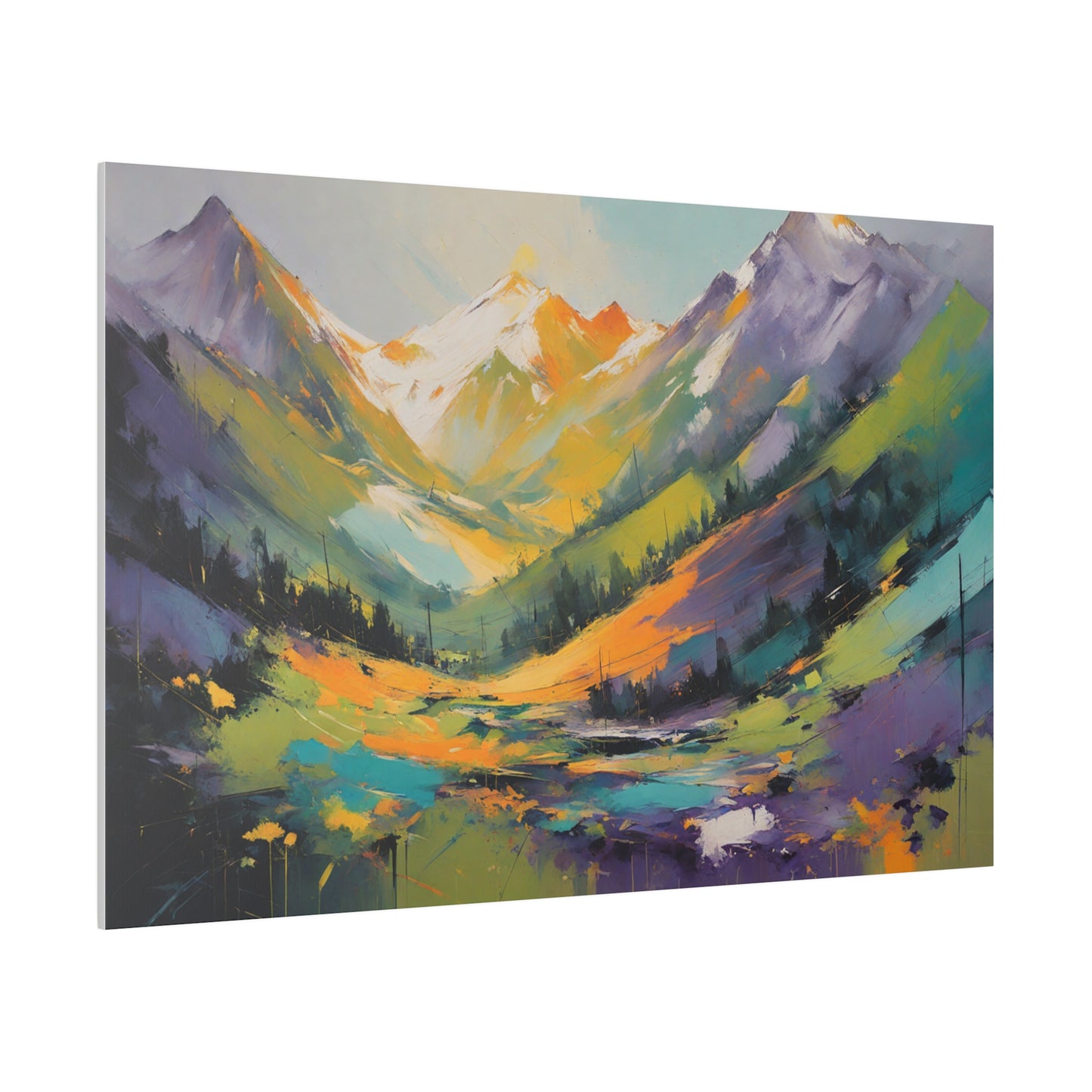 Imagine a vibrant, abstract print of the Sierra Nevada Mountains. The valley is awash with bold, sweeping colors bright oranges, and vivid purples—creating a sense of dynamic movement and energy. These intense hues blend and transition seamlessly, forming a dramatic tapestry that flows upward.