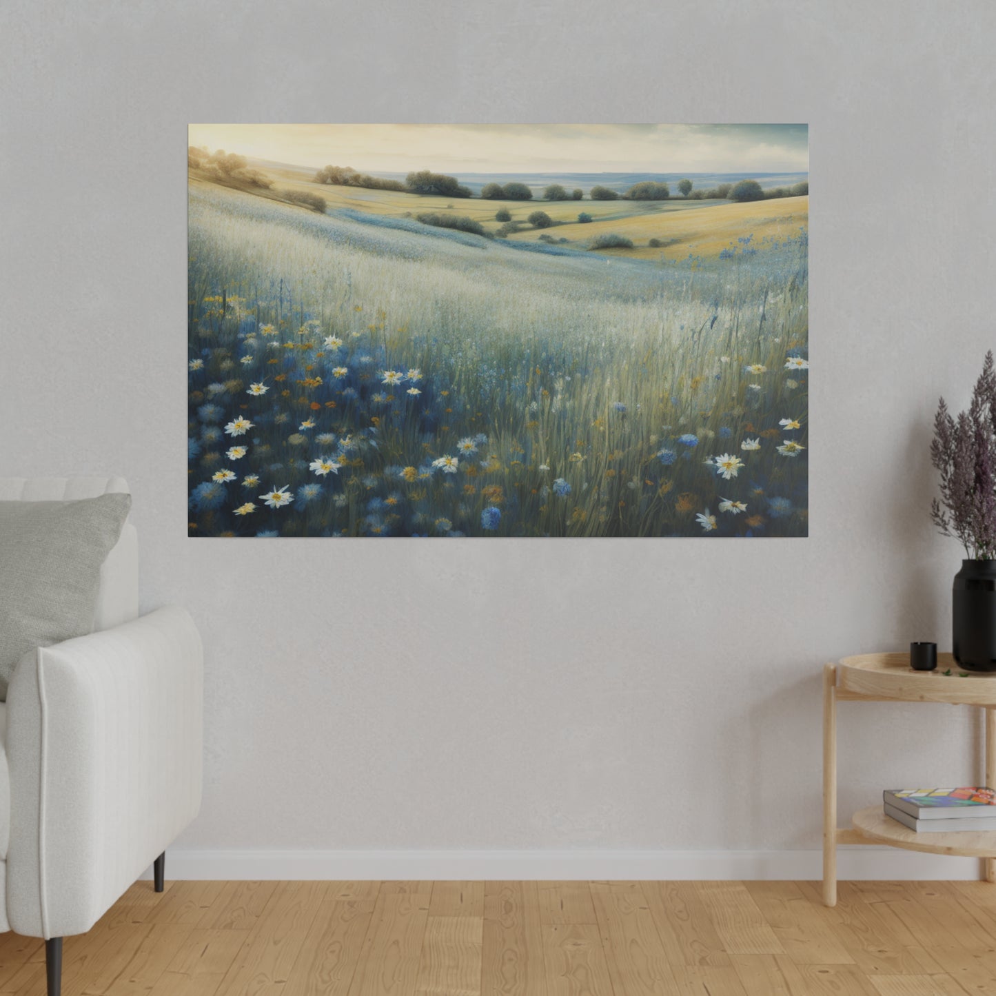 Rolling hills filled with blooming wildflowers stretch into the distance, Indulge in a touch of elegance with our Vintage Wildflower Field Canvas Print. The vintage soft blue tint adds a charming touch to this exquisite print, bringing to mind a peaceful stroll through a blooming field. Bring the beauty of nature into your home with this sophisticated and exclusive piece of art.