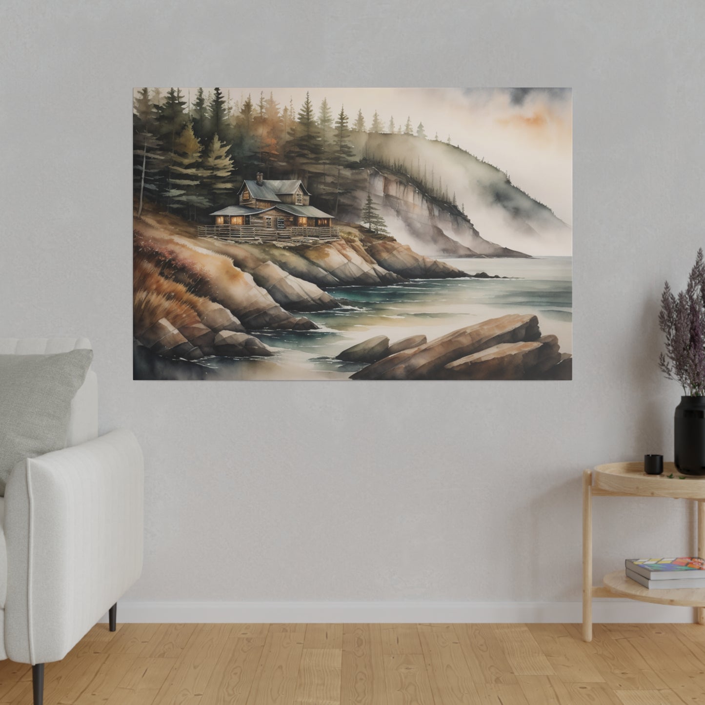 A cozy cabin with lit windows nestles on the edge of a wooded coastline, overlooking a cold and rocky shore. Mist clings to the forested cliffs above, adding a sense of tranquil isolation to the serene landscape.