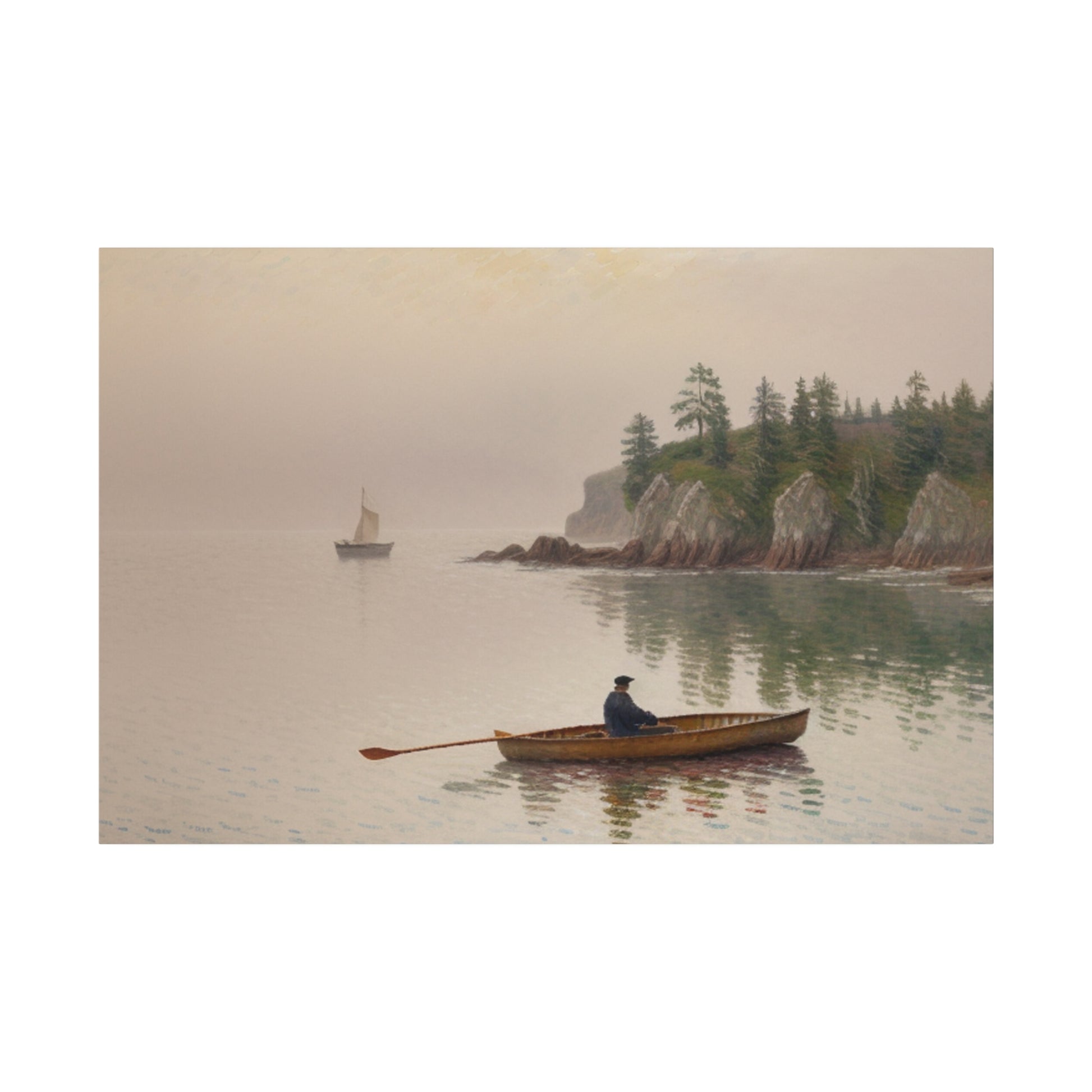 Introducing our evocative impressionism wall art print, capturing the serene journey of an old man on a canoe gliding through tranquil waters along majestic cliffs under a hazy morning sky. This print is a perfect addition to any room, offering a contemplative and peaceful focal point that inspires introspection and appreciation for the beauty of nature and life's quiet moments.