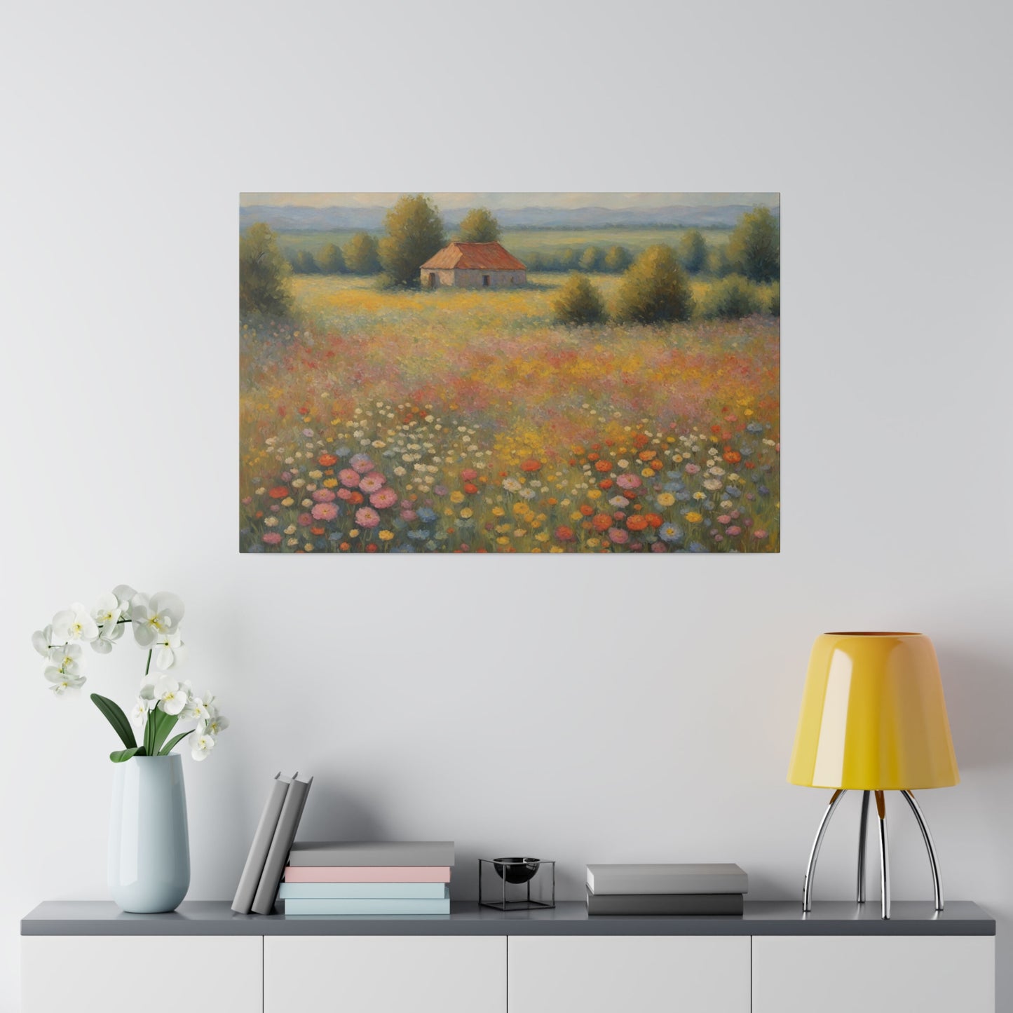 Step into the enchanting world of "Wildflower Symphony," a captivating print that celebrates the vibrant beauty of a field filled with wildflowers. This stunning piece of art effortlessly blends a variety of soft colors, including blues, violets, purples, and yellows, creating a serene and mesmerizing landscape.