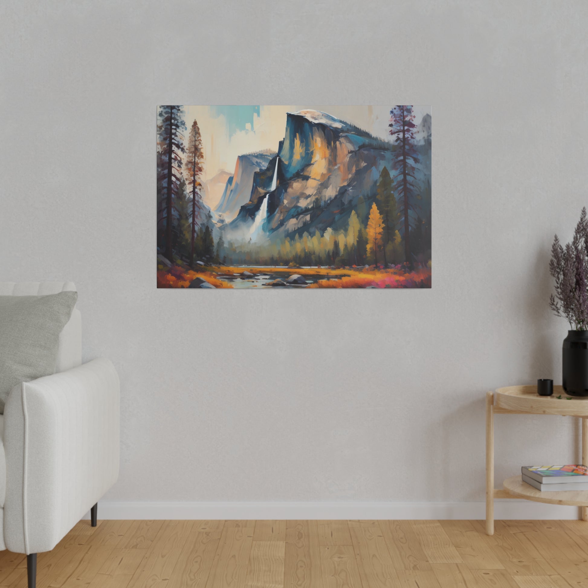 This stunning abstract canvas print, titled "Ethereal Granite Majesty," captures the awe-inspiring beauty of Yosemite National Park through a contemporary and imaginative lens. The artwork reimagines the iconic granite cliffs and lush valleys in a burst of vibrant, swirling colors that merge and dance across the canvas.