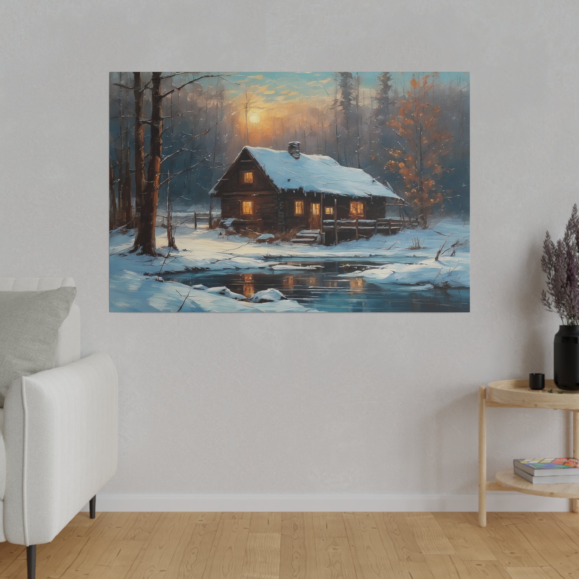 Invite the warmth and tranquility of a winter wonderland into your home with this Cozy Old Cabin in the Woods Wall Art Print. This enchanting artwork captures the serene beauty of a snow-covered landscape, where a warmly lit cabin nestles among trees beside a tranquil pond, evoking a sense of peace