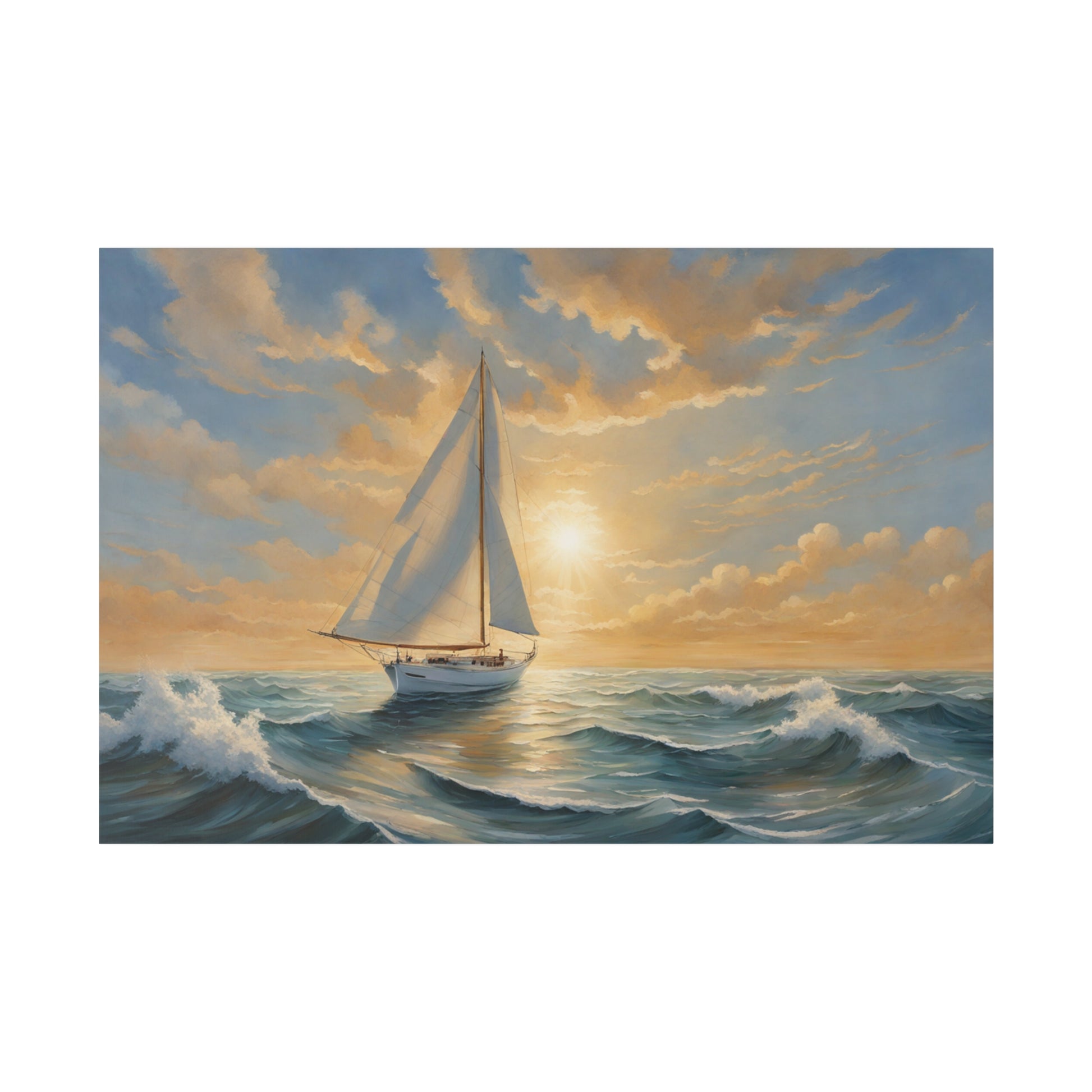 Embark on a journey of tranquil adventure with "Sailing Through Serenity," a captivating print that portrays a sailboat gliding gracefully through choppy ocean waves. Above, the sun breaks through the clouds, casting radiant beams of light onto the restless sea. This artwork combines dynamic movement with serene beauty, making it a perfect piece to bring a touch of nautical elegance to any space.