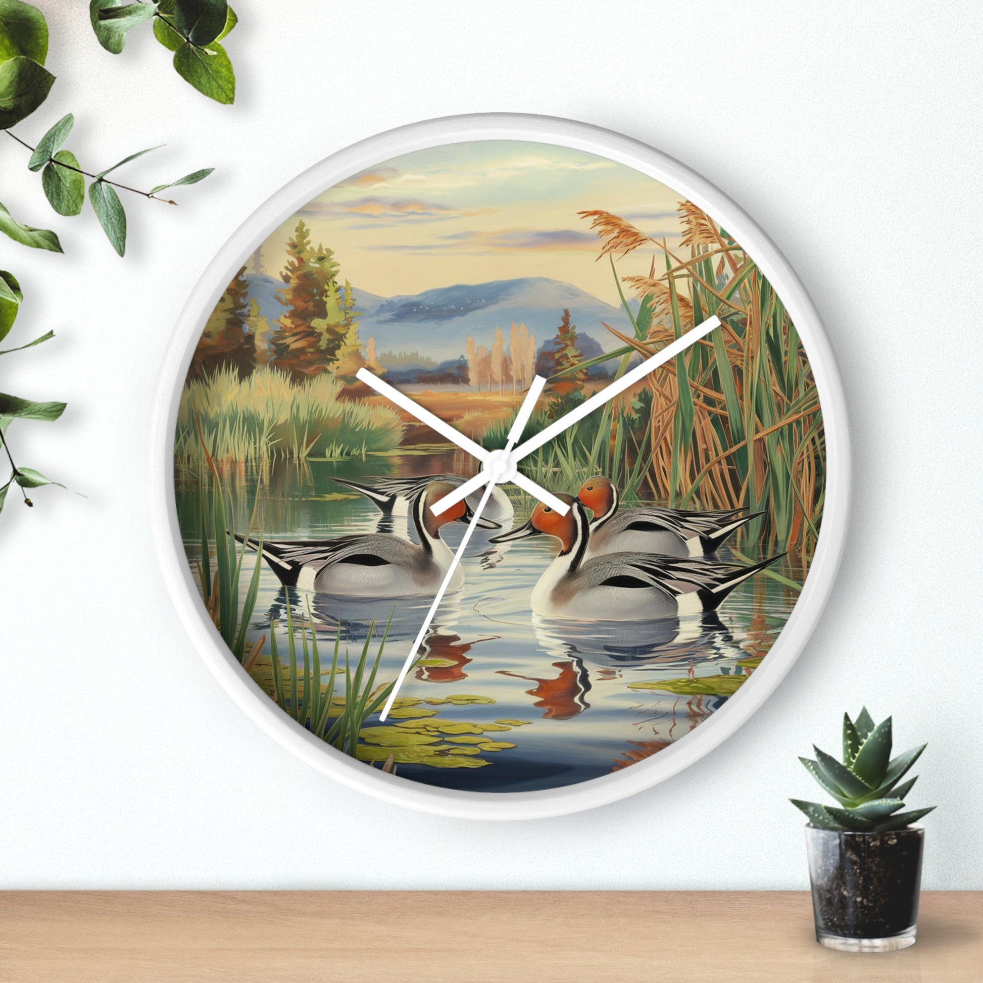 This collection of waterfowl art wall clocks brings the beauty of wetlands into your space, each clock featuring a meticulously crafted scene of waterfowl in natural settings.