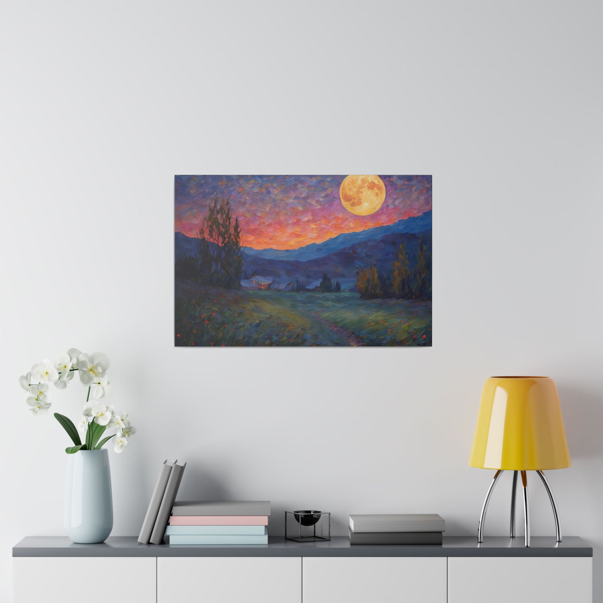 Introducing our enchanting Impressionism Van Gogh Style print, featuring the serene beauty of moonlight over a countryside and mountains, a piece that captures the tranquil essence of nature in a timeless, artistic style.