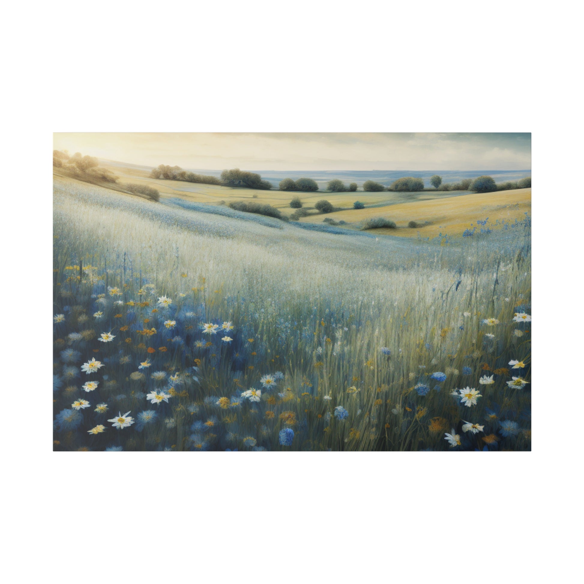 Rolling hills filled with blooming wildflowers stretch into the distance, Indulge in a touch of elegance with our Vintage Wildflower Field Canvas Print. The vintage soft blue tint adds a charming touch to this exquisite print, bringing to mind a peaceful stroll through a blooming field. Bring the beauty of nature into your home with this sophisticated and exclusive piece of art.