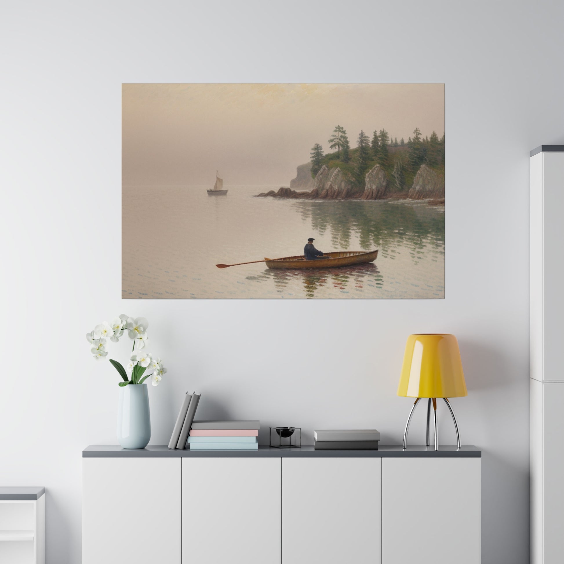 Introducing our evocative impressionism wall art print, capturing the serene journey of an old man on a canoe gliding through tranquil waters along majestic cliffs under a hazy morning sky. This print is a perfect addition to any room, offering a contemplative and peaceful focal point that inspires introspection and appreciation for the beauty of nature and life's quiet moments.