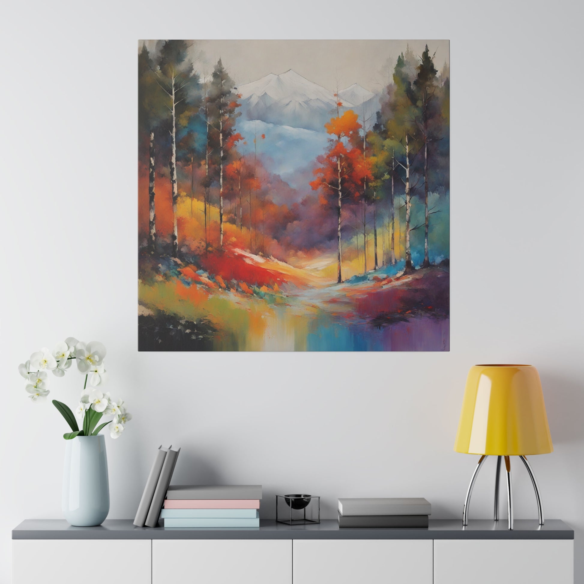 Forest and Snow Cap Mountain Canvas Print is an evocative abstract canvas print that transports viewers to a serene forest trail, flanked by towering snow-capped mountains in the distance. This artwork blends the tranquility of a wooded path with the majestic beauty of alpine heights, captured through a modern and abstract artistic lens.