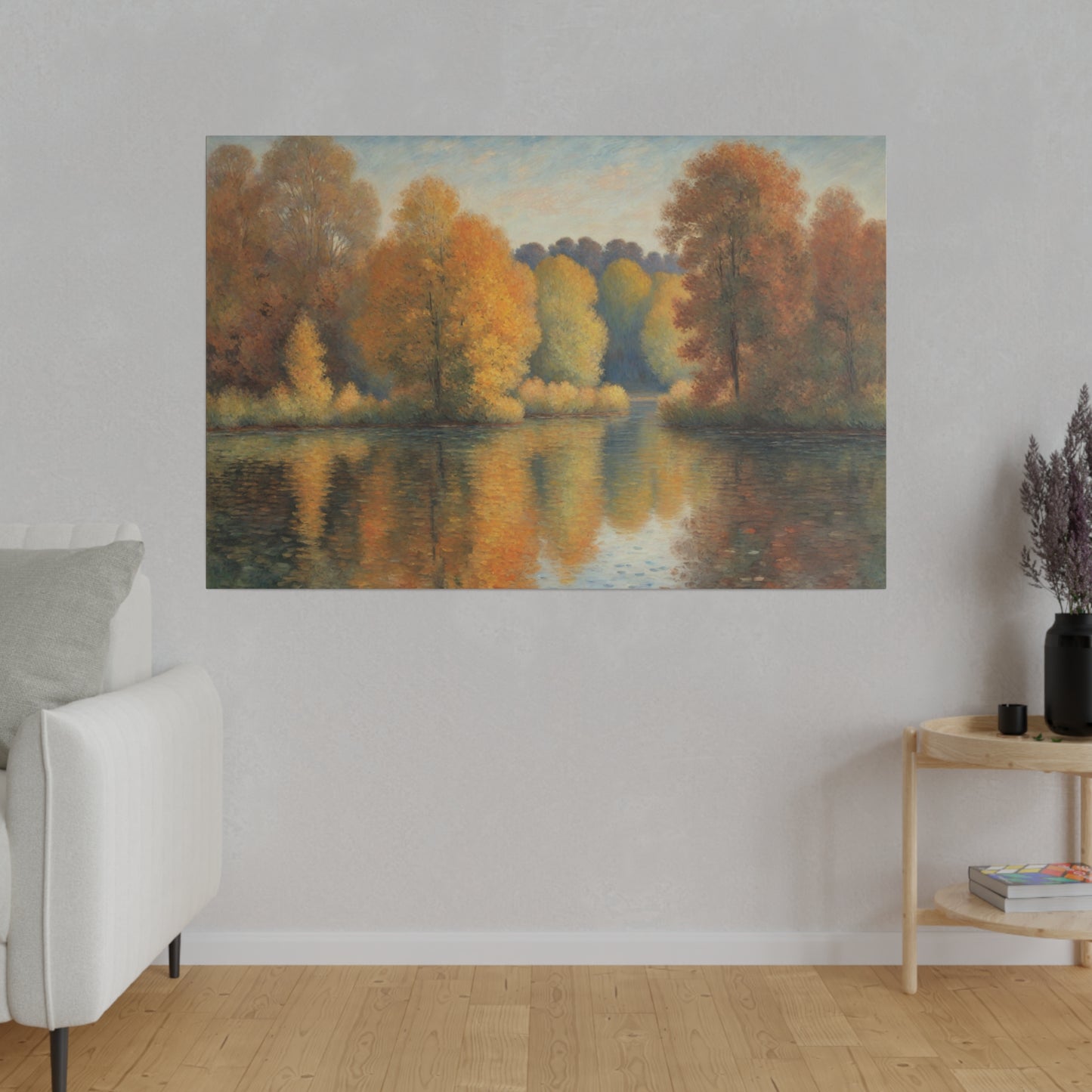 A serene lake reflects a vibrant display of autumn trees with hues of orange, yellow, and red. The soft, pastel sky above complements the tranquil scene, enhancing the overall sense of peace.