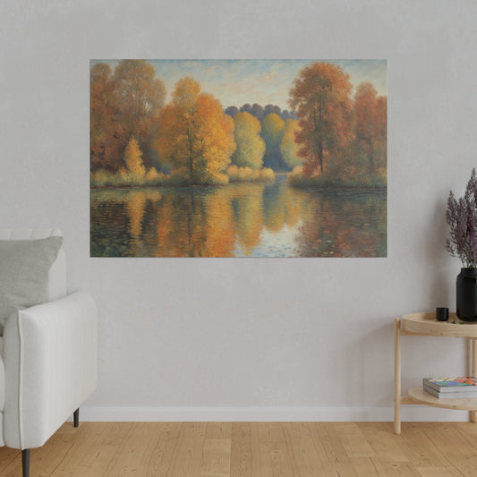 A serene lake reflects a vibrant display of autumn trees with hues of orange, yellow, and red. The soft, pastel sky above complements the tranquil scene, enhancing the overall sense of peace.