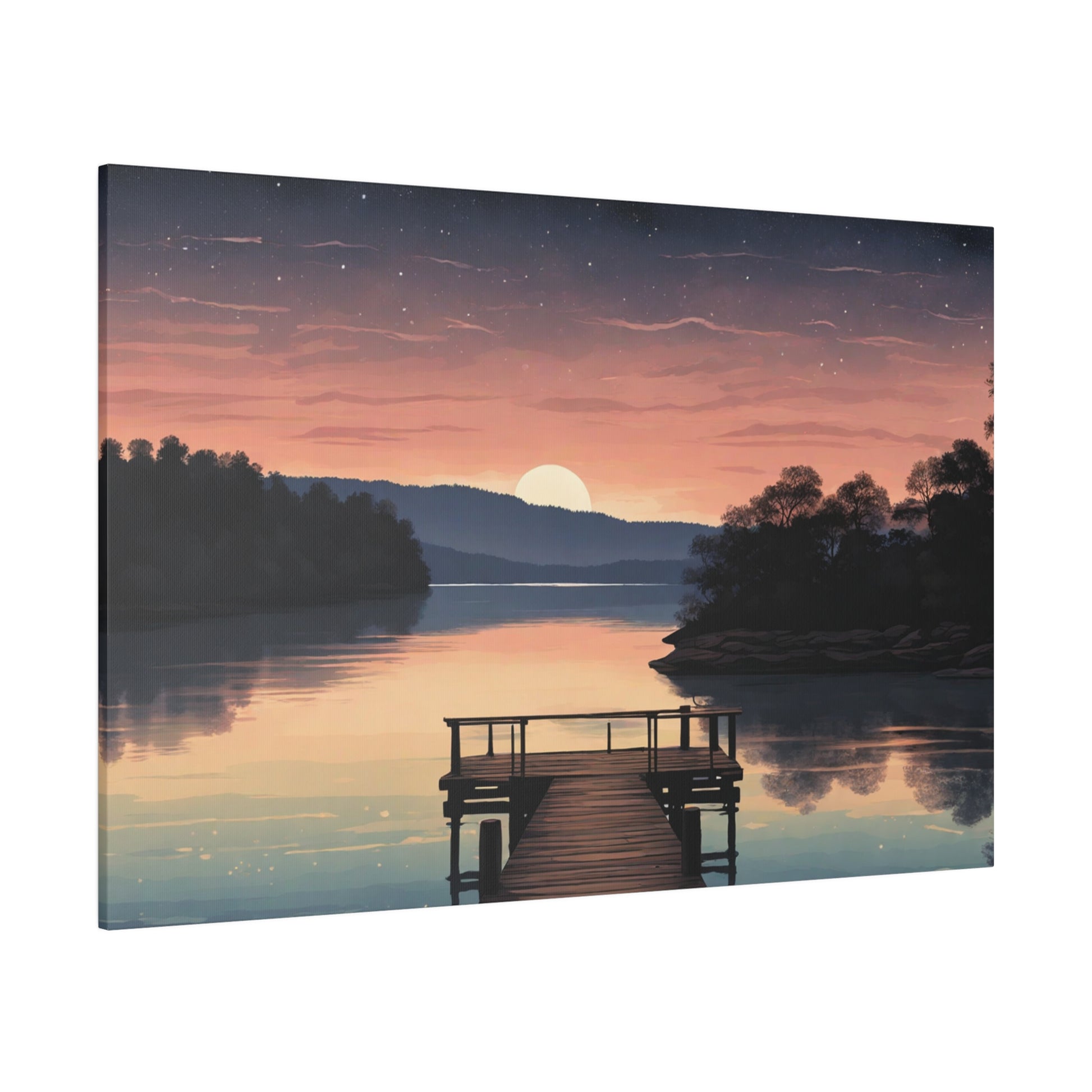 A serene sunset casts warm hues over a smooth lake, with a wooden dock leading into the still water. Stars begin to pepper the dusk sky as the final slice of the sun dips behind a distant tree-lined horizon. Tranquil Serenity Lake Canvas Print