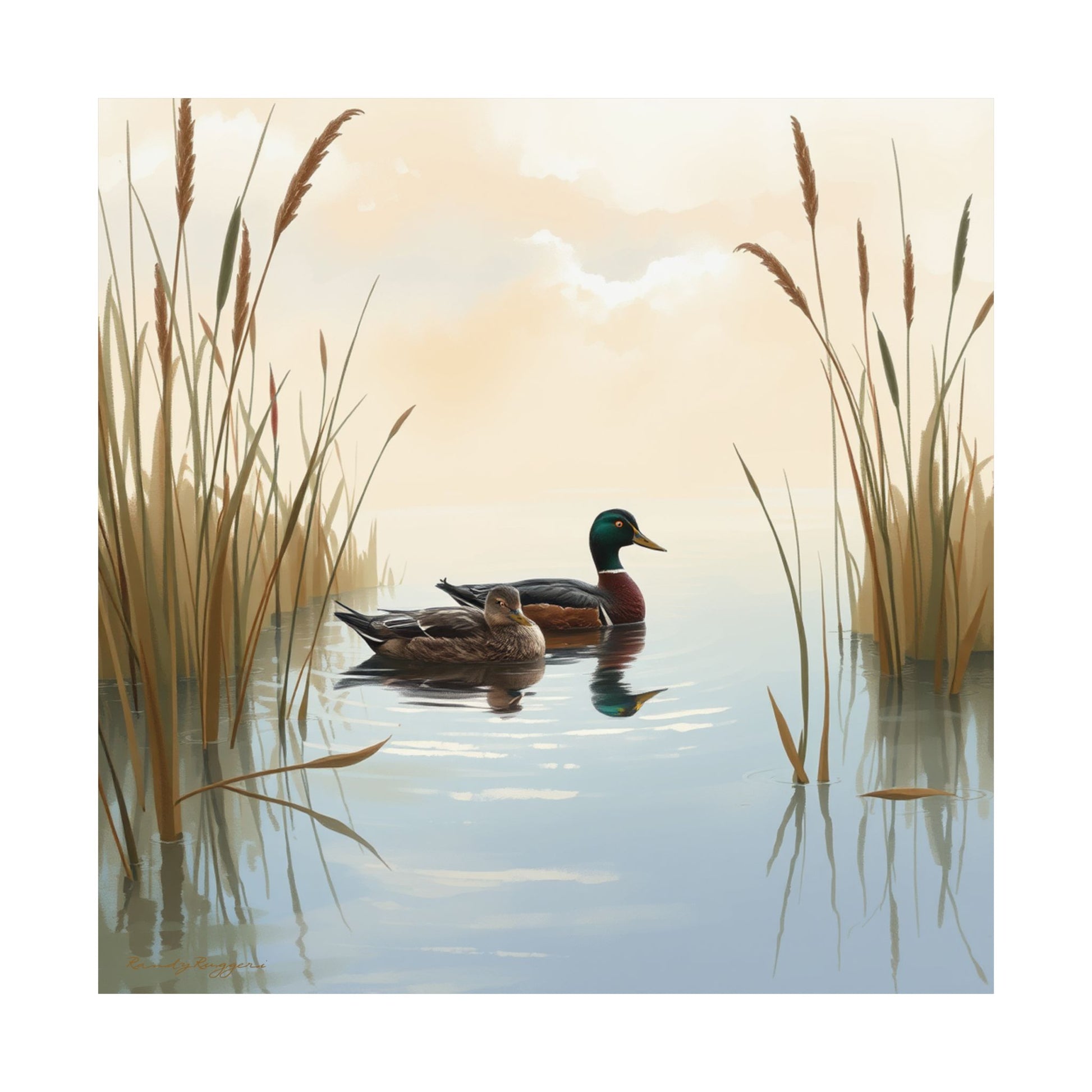 Hen and Drake Mallards in a Small Pond Print