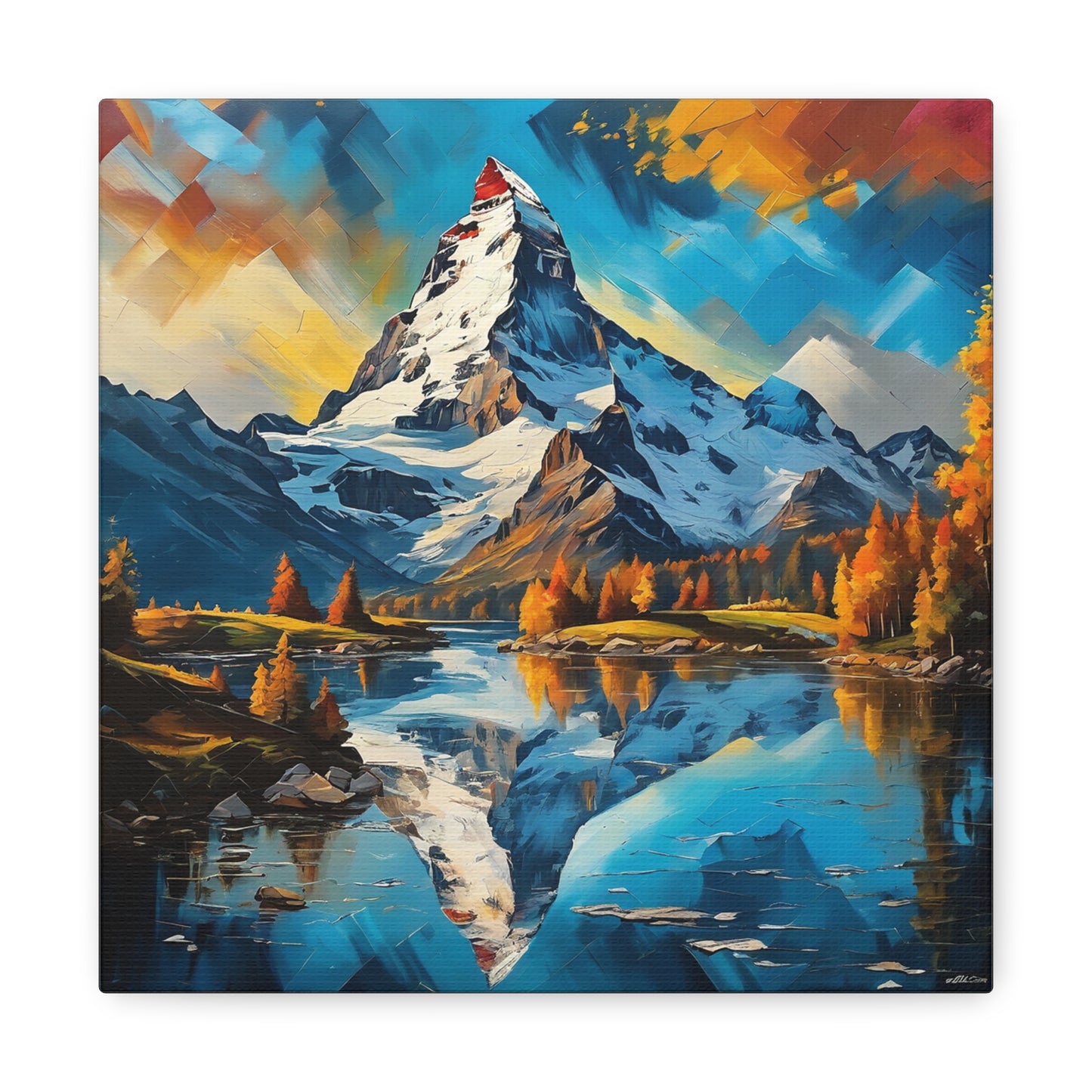 Dive into the stunning beauty of "Reflections of the Matterhorn," an abstract print that captures the vibrant essence of the iconic mountains mirrored in the pristine lakes below. This dynamic artwork utilizes a palette of bold, vivid colors to create a mesmerizing scene where the majestic Matterhorn peaks are perfectly reflected in serene waters. Ideal for adding a touch of nature-inspired wonder and contemporary art to any space, this print transforms your decor into a breat