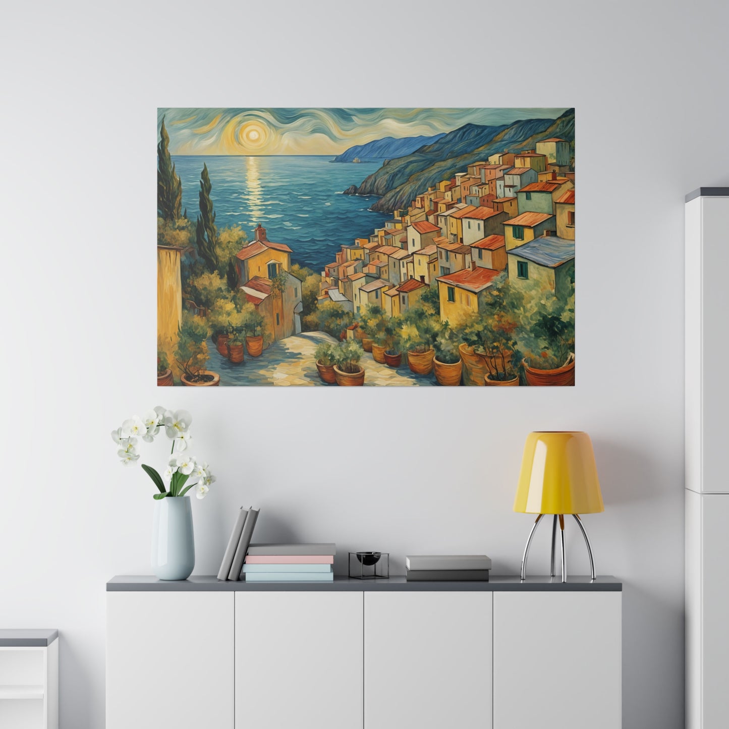 This print evokes a sense of tranquility and wonder, capturing the serene beauty of the Italian coast at sunrise. Van Gogh’s unique style infuses the scene with energy and emotion, making the viewer feel the warmth of the rising sun, the gentle breeze from the ocean, and the timeless charm of the coastal town. The combination of vivid colors, dynamic brushstrokes, and harmonious composition creates a captivating and immersive experience, transporting the viewer to this idyllic seaside retreat.