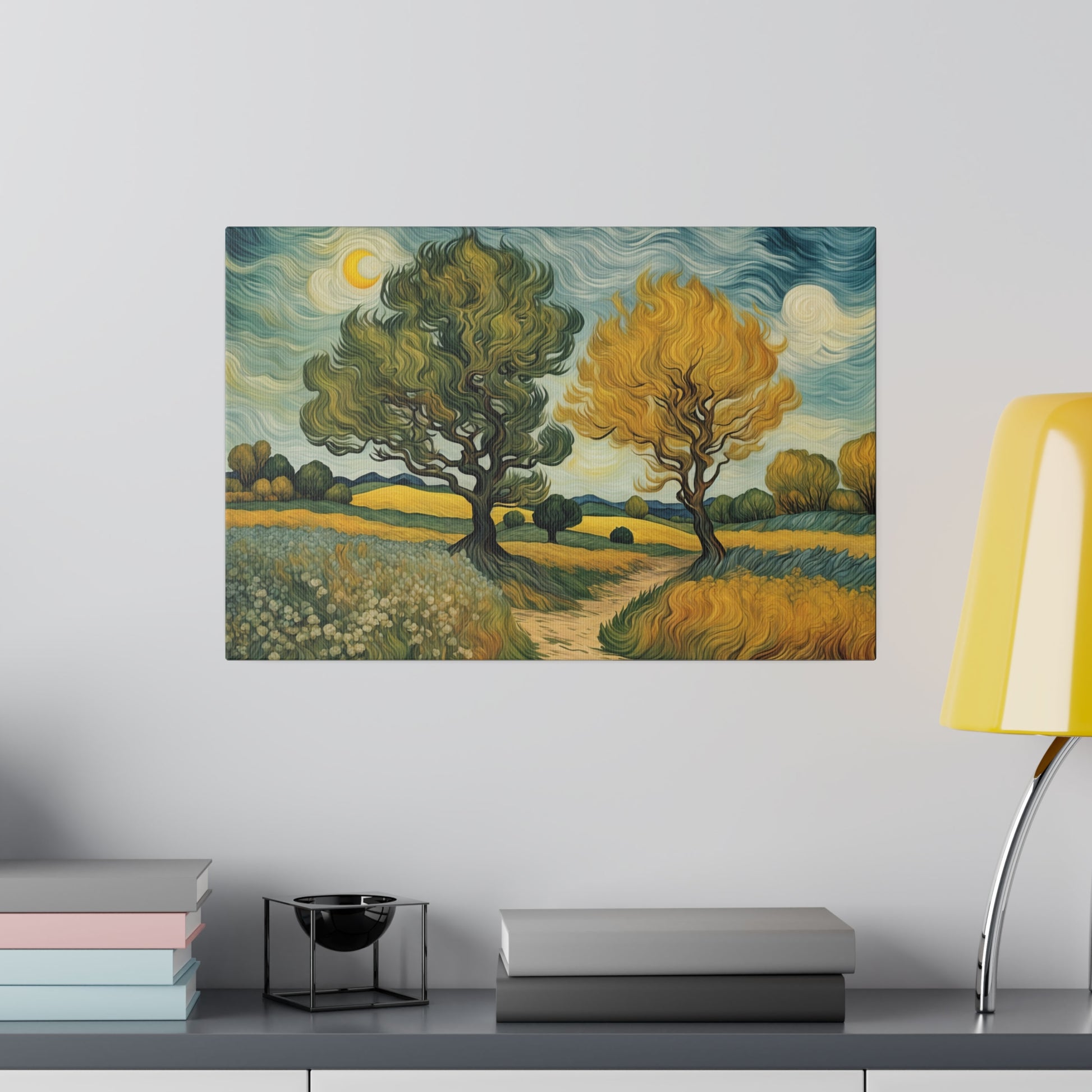 Imagine a nature-inspired painting in the distinctive style of Vincent van Gogh, where every element is infused with his signature energy and emotion. The scene is alive with swirling brushstrokes and vibrant colors, creating a landscape that feels both real and dreamlike.