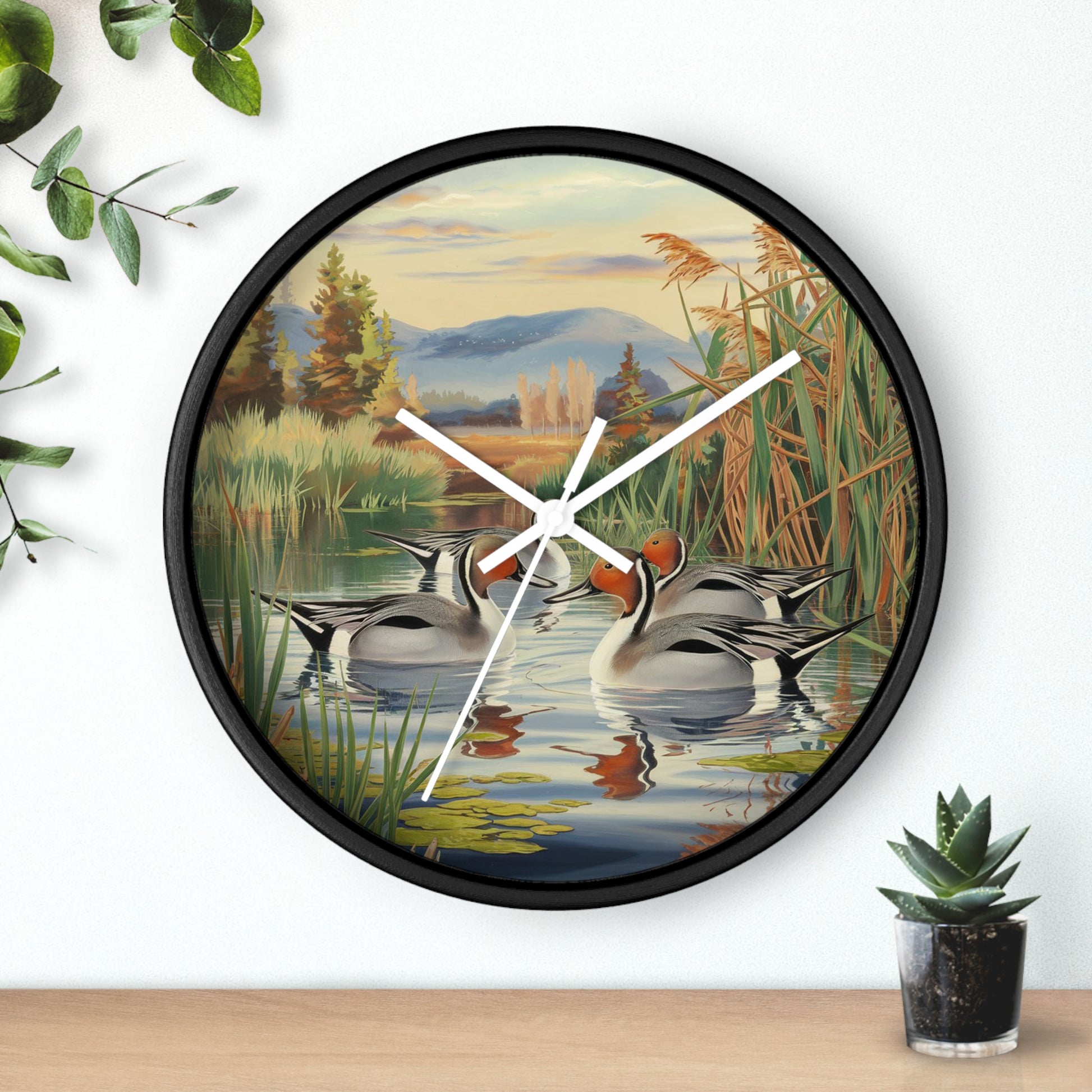 This collection of waterfowl art wall clocks brings the beauty of wetlands into your space, each clock featuring a meticulously crafted scene of waterfowl in natural settings.