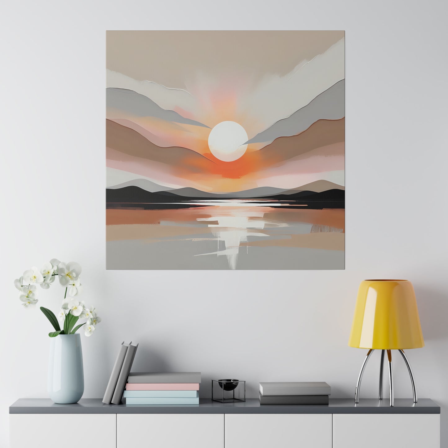 "Sunset Serenity" is an abstract print that captures the enchanting beauty of a sunset over rolling hills and mountains. This piece evokes a sense of calm and wonder, blending vivid colors and fluid forms to create a mesmerizing landscape.