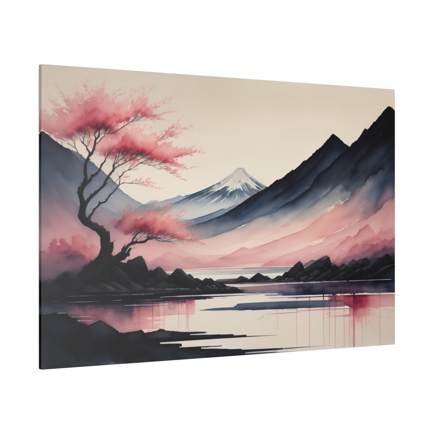 A serene abstract landscape features a snow-capped mountain in the background with hues of pink and purple adorning the sky. In the foreground, a tree with pink leaves stands beside still waters reflecting the tranquil scene.