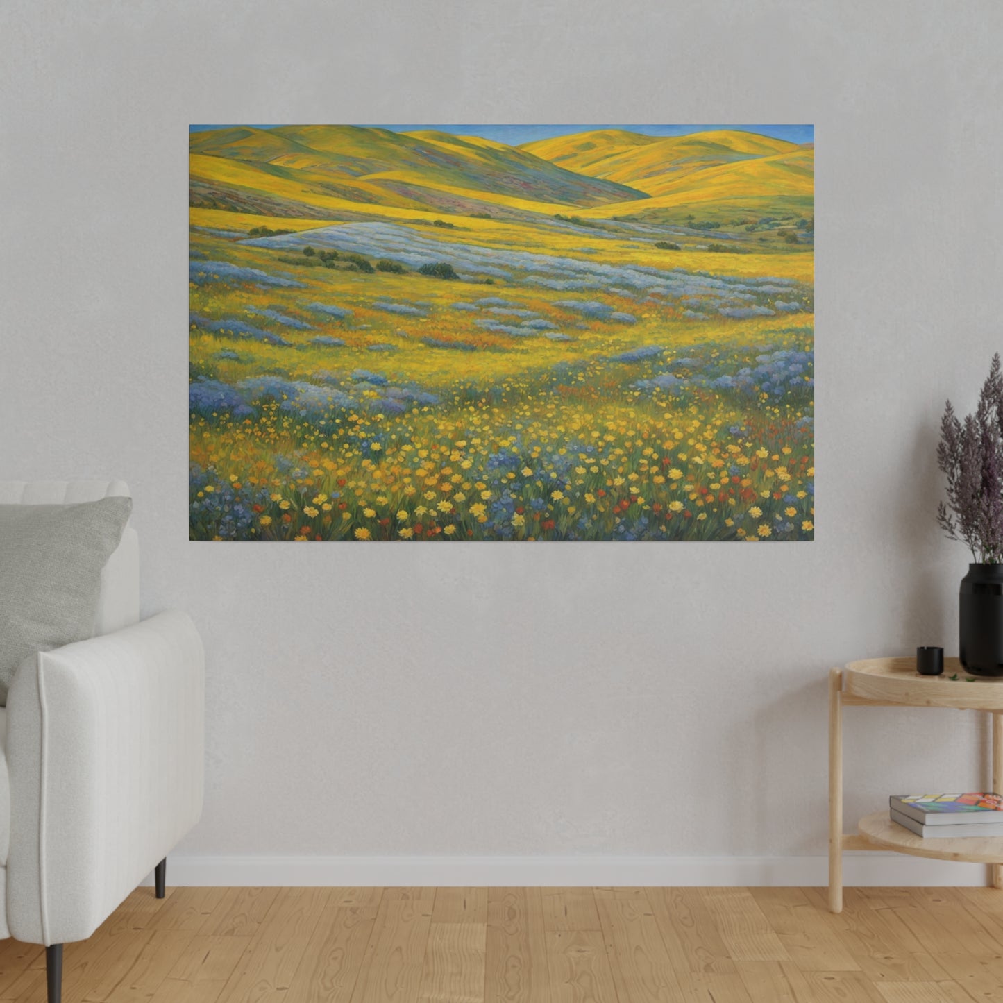 California Carrizo Plain Super Bloom. A vast landscape is covered with vibrant yellow wildflowers, stretching toward rolling hills on the horizon. Blue and purple flowers add a dash of contrasting color against the golden yellow bloom and green grasses swaying under a clear sky.