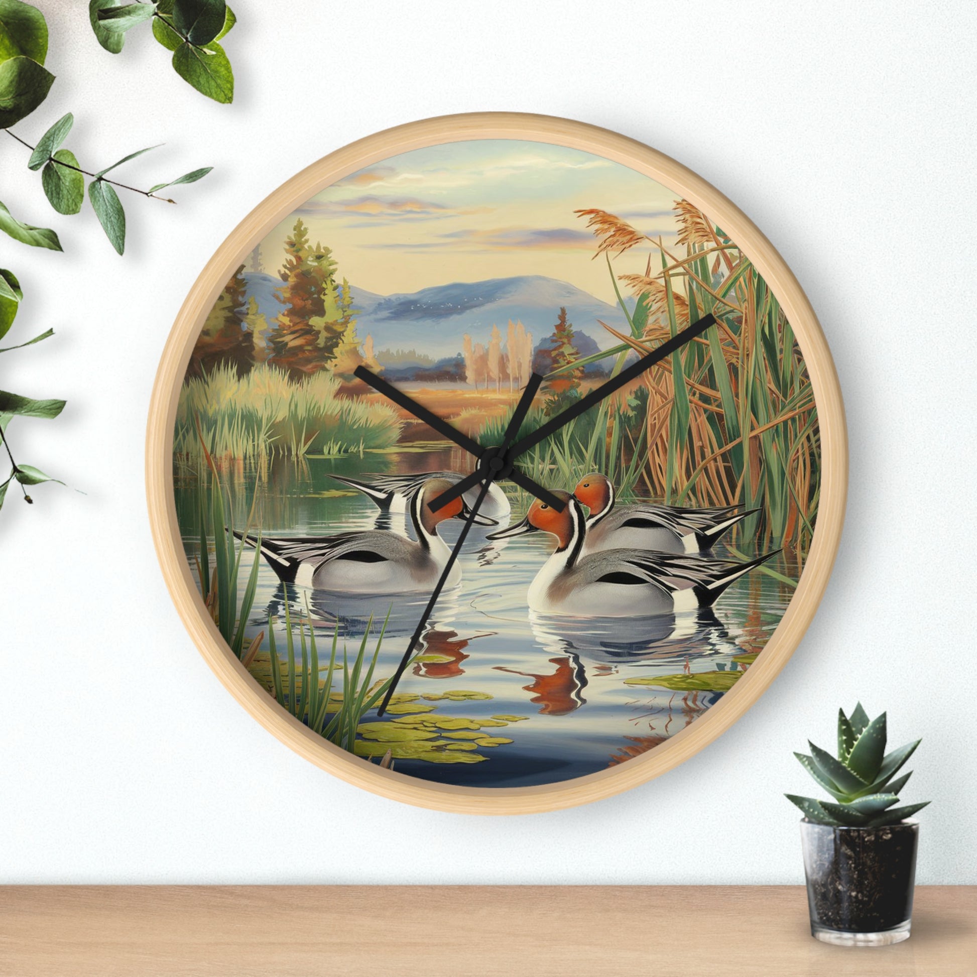 This collection of waterfowl art wall clocks brings the beauty of wetlands into your space, each clock featuring a meticulously crafted scene of waterfowl in natural settings.