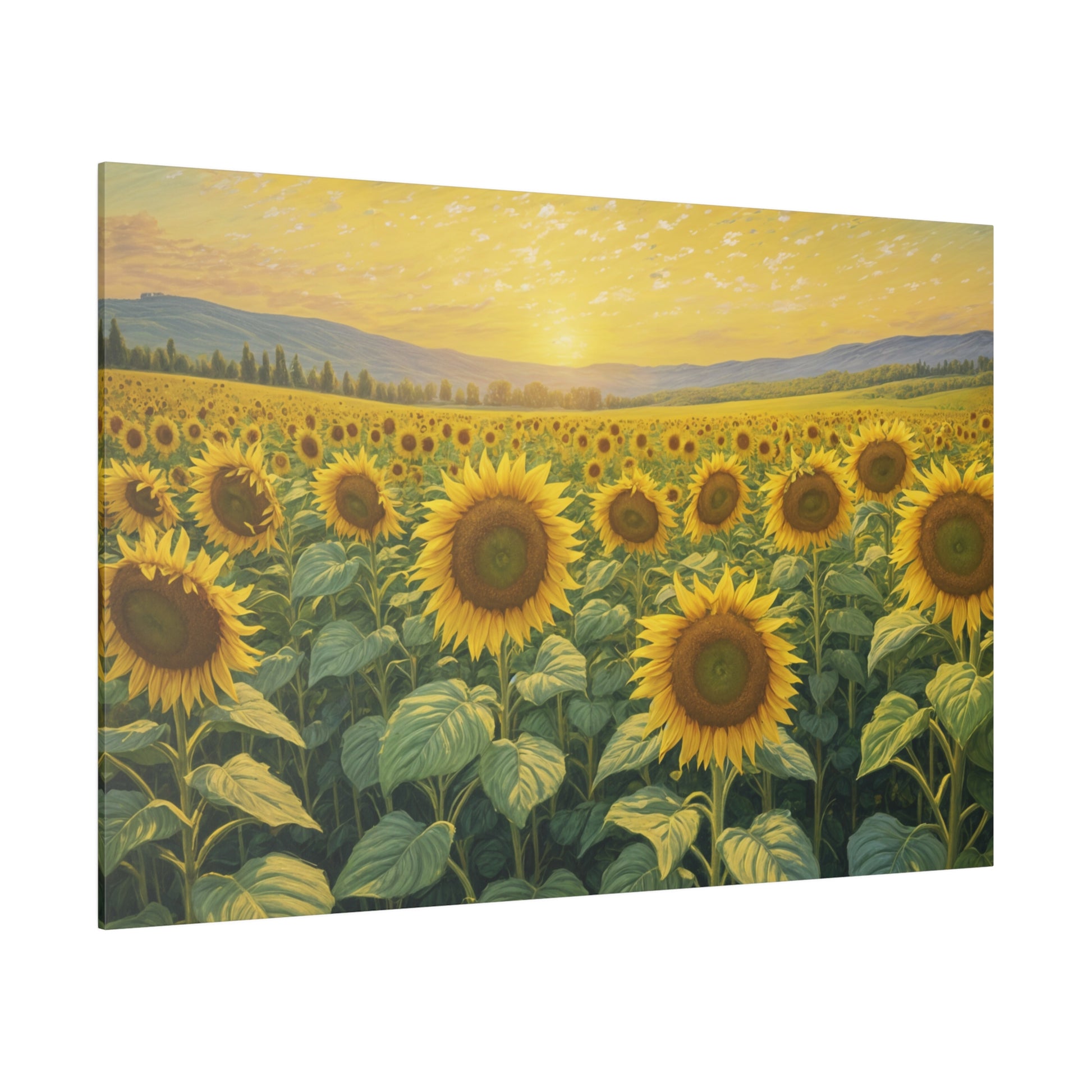 Bask in the golden glow of "Sunrise in Sunflower Valley," an enchanting impressionist print that captures the radiant beauty of a sunflower field at dawn. This exquisite artwork showcases sunflowers bathed in the soft, warm light of the rising sun, while a gentle haze blankets the high rolling hills in the background. Perfect for bringing a touch of warmth and natural splendor to any space, this print transforms your decor into a vibrant and serene haven.