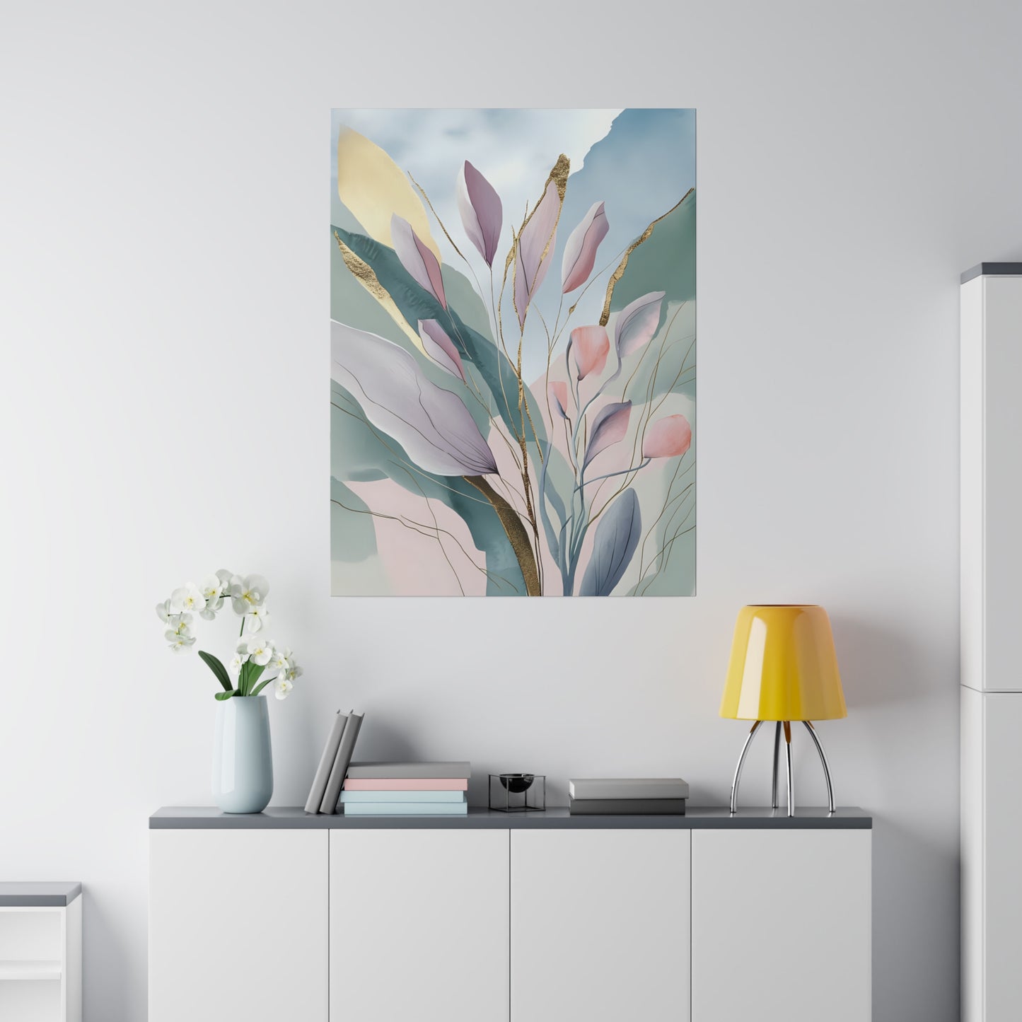 Delicate abstract watercolor leaves are depicted in soft pastel colors with accents of gold, creating a serene and ethereal composition. The background features subtle gradients of blue, green, and beige hues, adding depth and harmony to the scene.