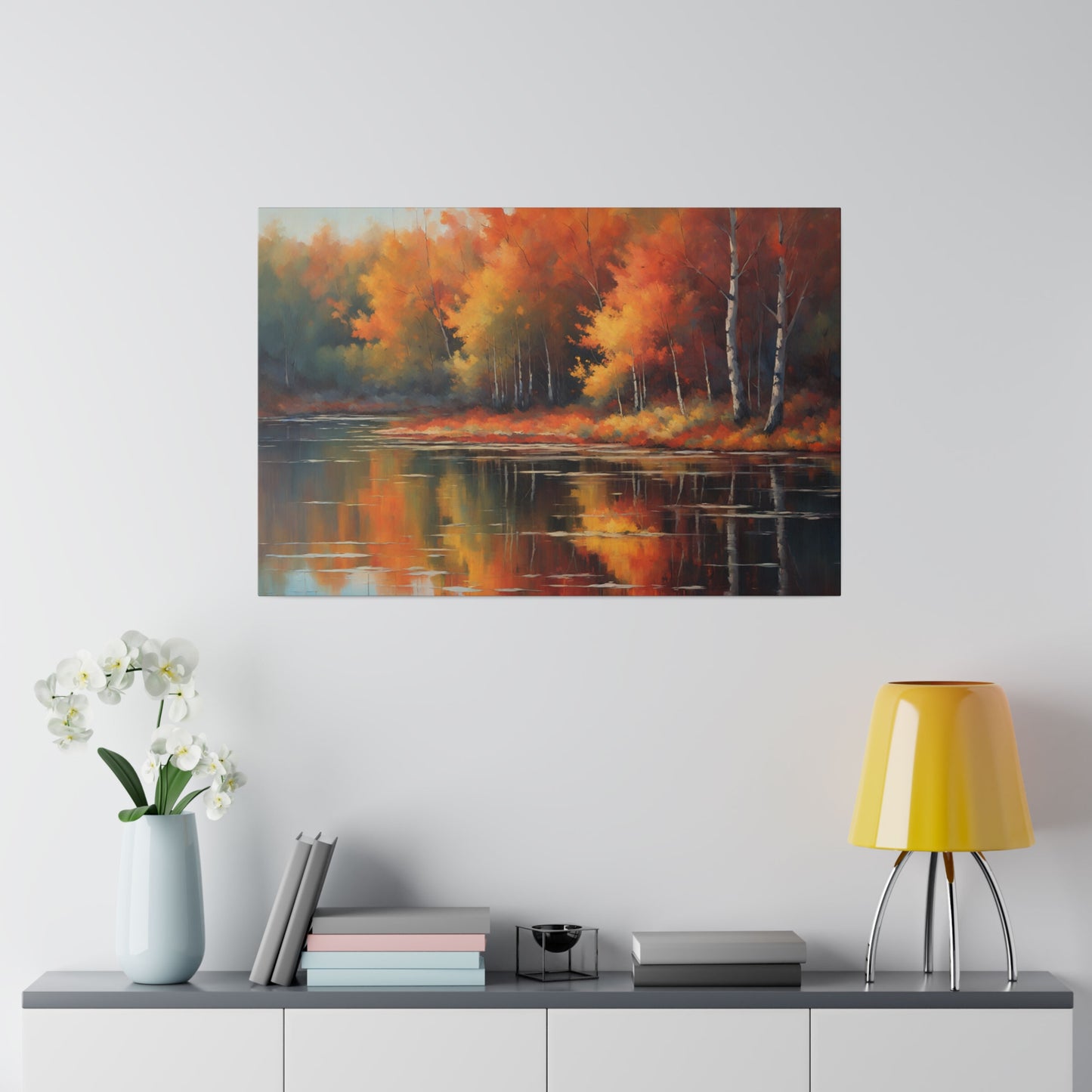 Tranquil water mirrors tree line Canvas Print