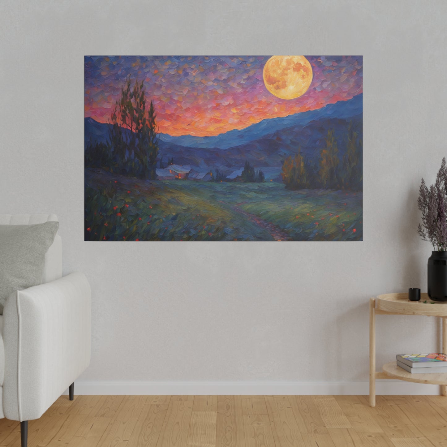 Introducing our enchanting Impressionism Van Gogh Style print, featuring the serene beauty of moonlight over a countryside and mountains, a piece that captures the tranquil essence of nature in a timeless, artistic style.