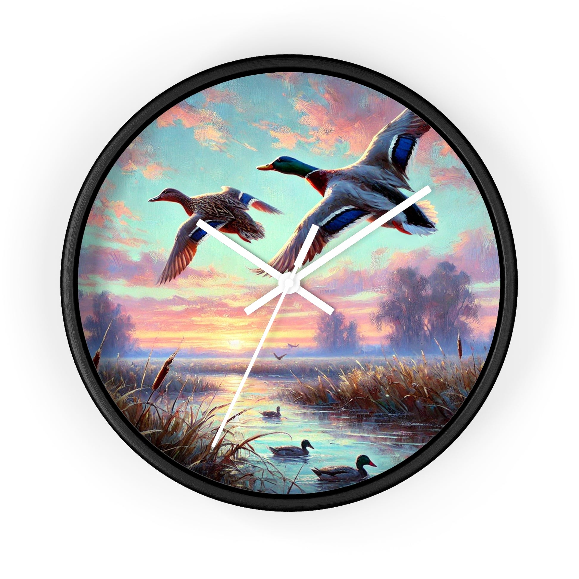 This collection of waterfowl art wall clocks brings the beauty of wetlands into your space, each clock featuring a meticulously crafted scene of waterfowl in natural settings.