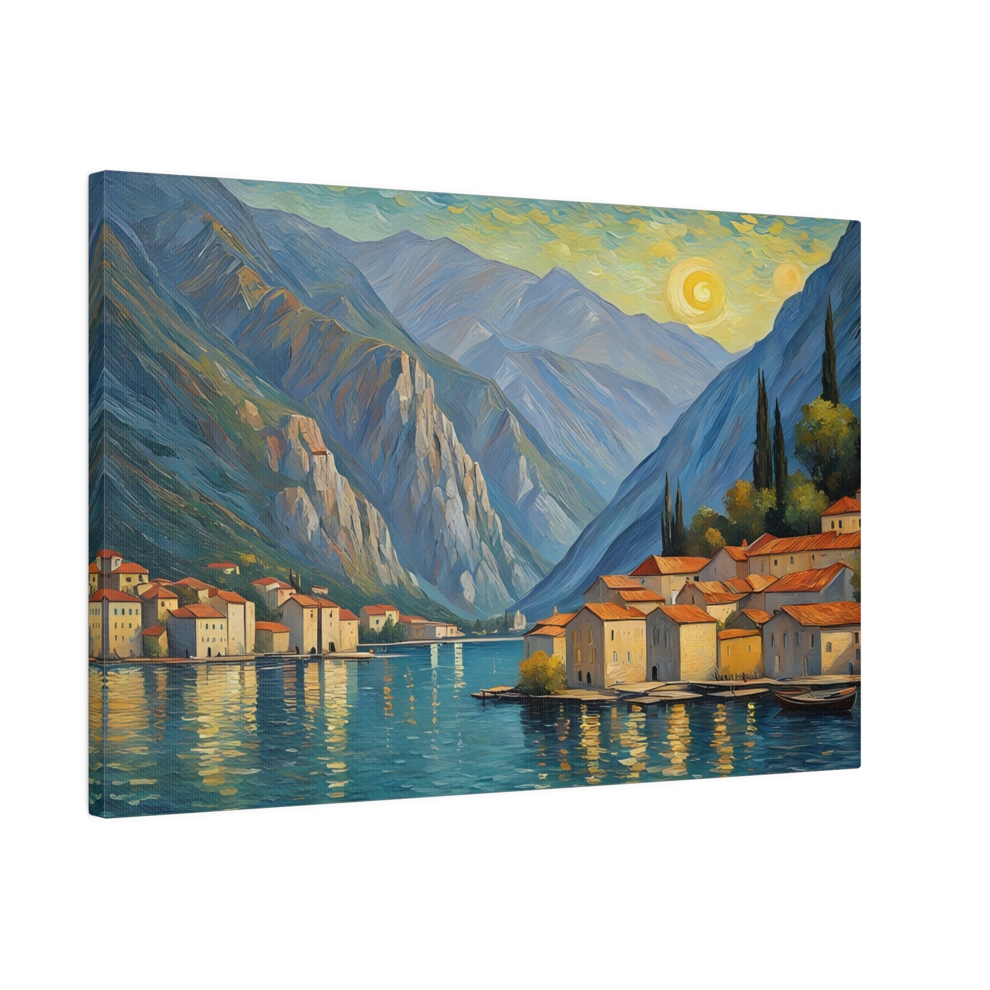 Van Gogh Style The Bay of Kotor, nestled along the Adriatic coast of Montenegro, is a breathtakingly beautiful fjord-like inlet surrounded by towering mountains and dotted with charming medieval towns. Often referred to as Europe's southernmost fjord, this UNESCO World Heritage Site captivates visitors with its stunning natural scenery and rich cultural heritage.