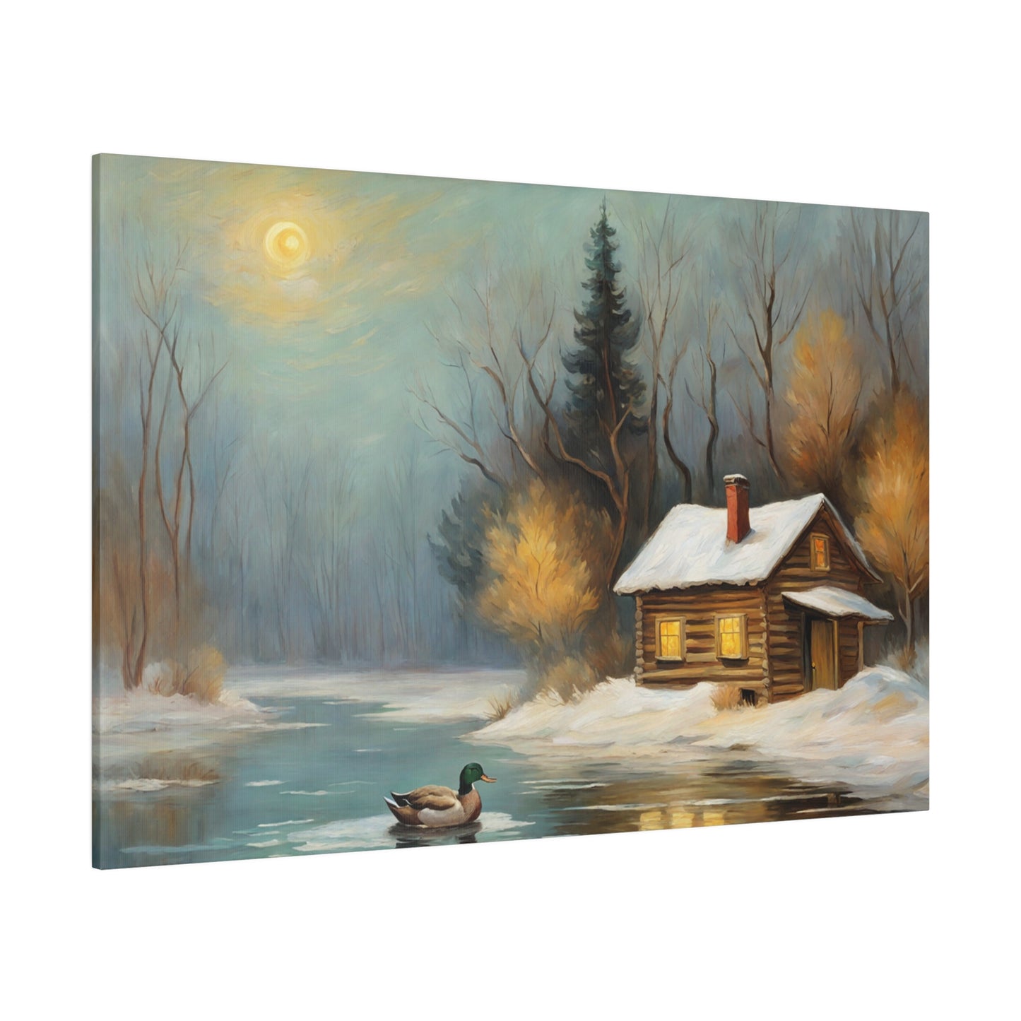 Invite the warmth and tranquility of a winter wonderland into your home with this Cozy Old Cabin in the Woods Wall Art Print. This enchanting artwork captures the serene beauty of a snow-covered landscape, where a warmly lit cabin nestles among trees beside a tranquil pond, evoking a sense of peace and comfort.