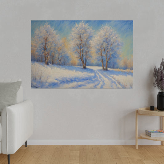 Step into a world of pure serenity with "Winter's Glow." The artist has expertly captured the quiet beauty of a countryside blanketed in snow, where every detail—from the delicate frost on the trees to the smooth drifts of snow—contributes to a scene of absolute calm. The blueish tint from the sky creates a subtle, ethereal glow that enhances the peaceful atmosphere. This print is ideal for any room that seeks to evoke the quiet, reflective beauty of winter.