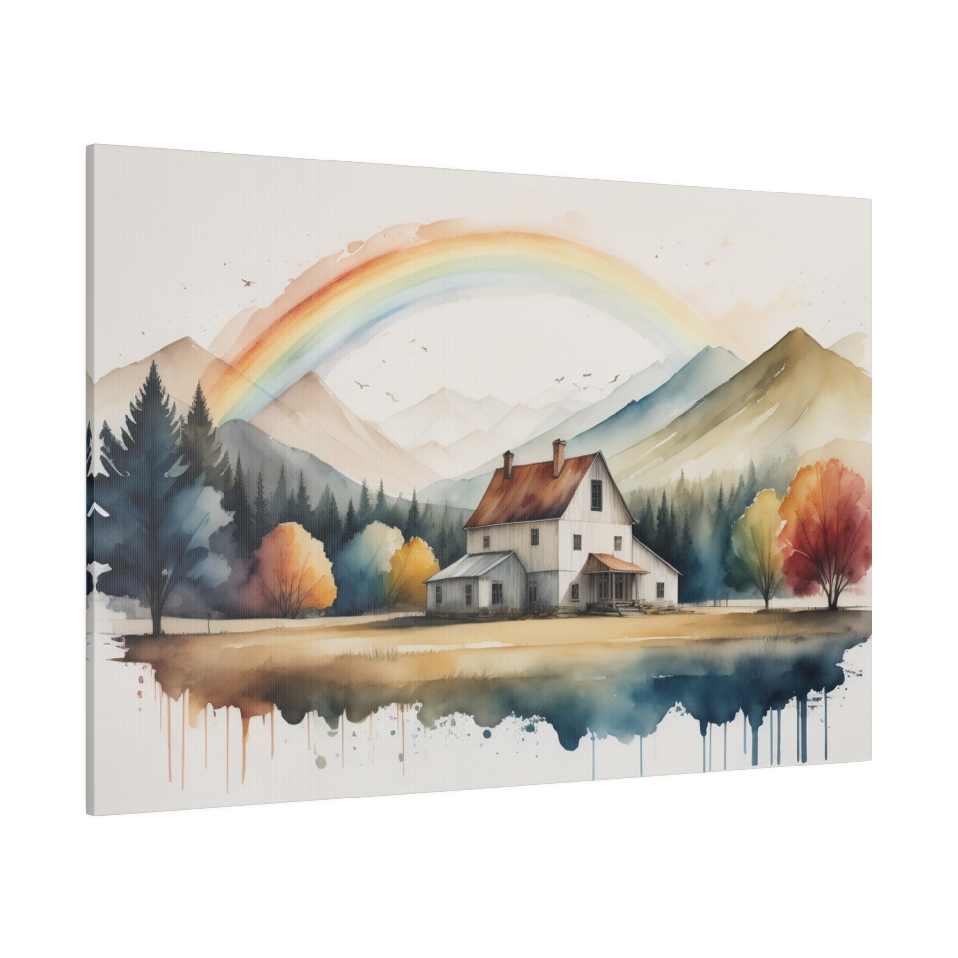 Immerse yourself in the whimsical charm of "Rainbow Over Farmhouse." The artist’s abstract watercolor technique uses fluid, translucent washes to create a dreamy and ethereal landscape. The farmhouse, with its quaint, rustic appeal, sits amidst verdant fields, while the towering mountains in the background add depth and majesty to the scene. The delicate rainbow, emerging after a light shower, casts a magical glow, enhancing the overall sense of peace and wonder. This print is perfect for any room seeking a