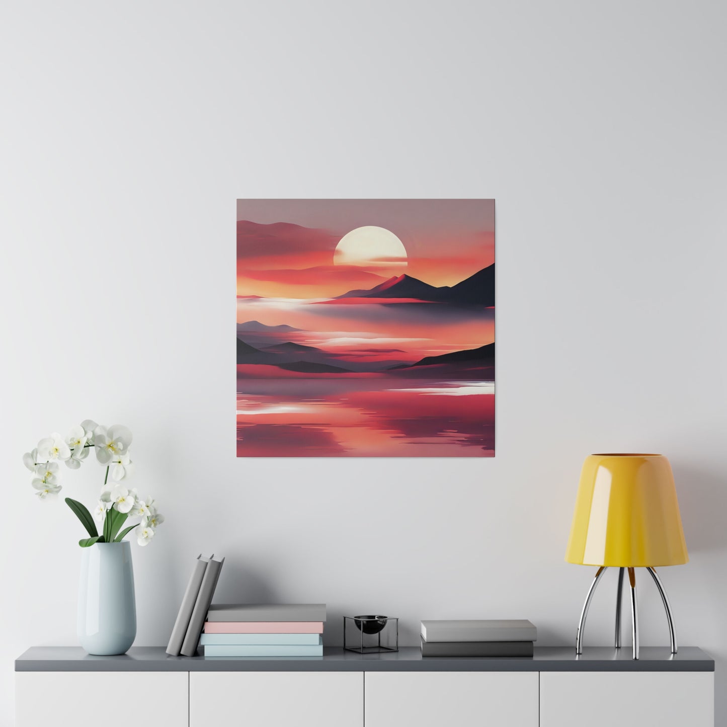 Bring a sense of timeless tranquility to your home with "Sunset Reverie." The soothing colors and abstract forms create a calming influence, making it perfect for spaces designed for relaxation and reflection. Whether it's in a living room, bedroom, or office, this print elevates the ambiance with its serene and elegant portrayal of a mountain sunset. It’s a versatile addition that complements both modern and traditional interiors.