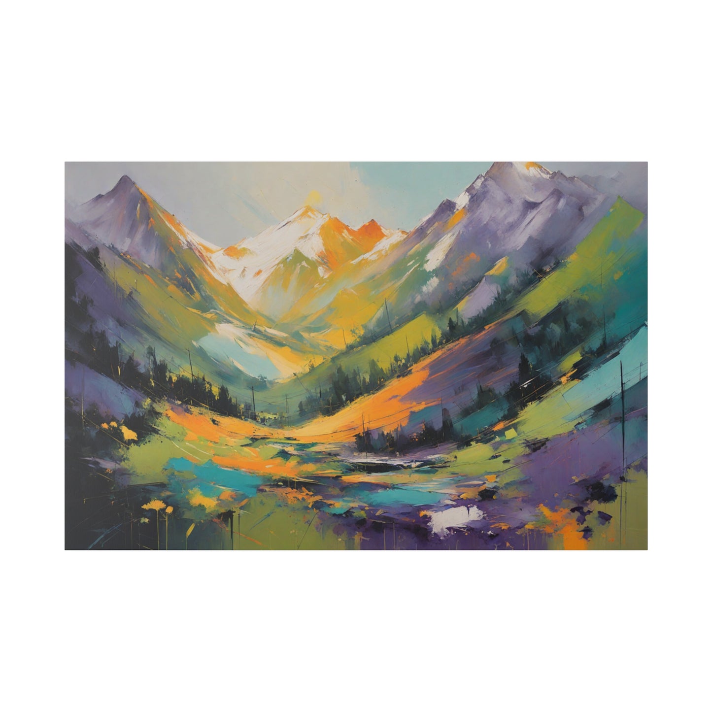 Imagine a vibrant, abstract print of the Sierra Nevada Mountains. The valley is awash with bold, sweeping colors bright oranges, and vivid purples—creating a sense of dynamic movement and energy. These intense hues blend and transition seamlessly, forming a dramatic tapestry that flows upward.