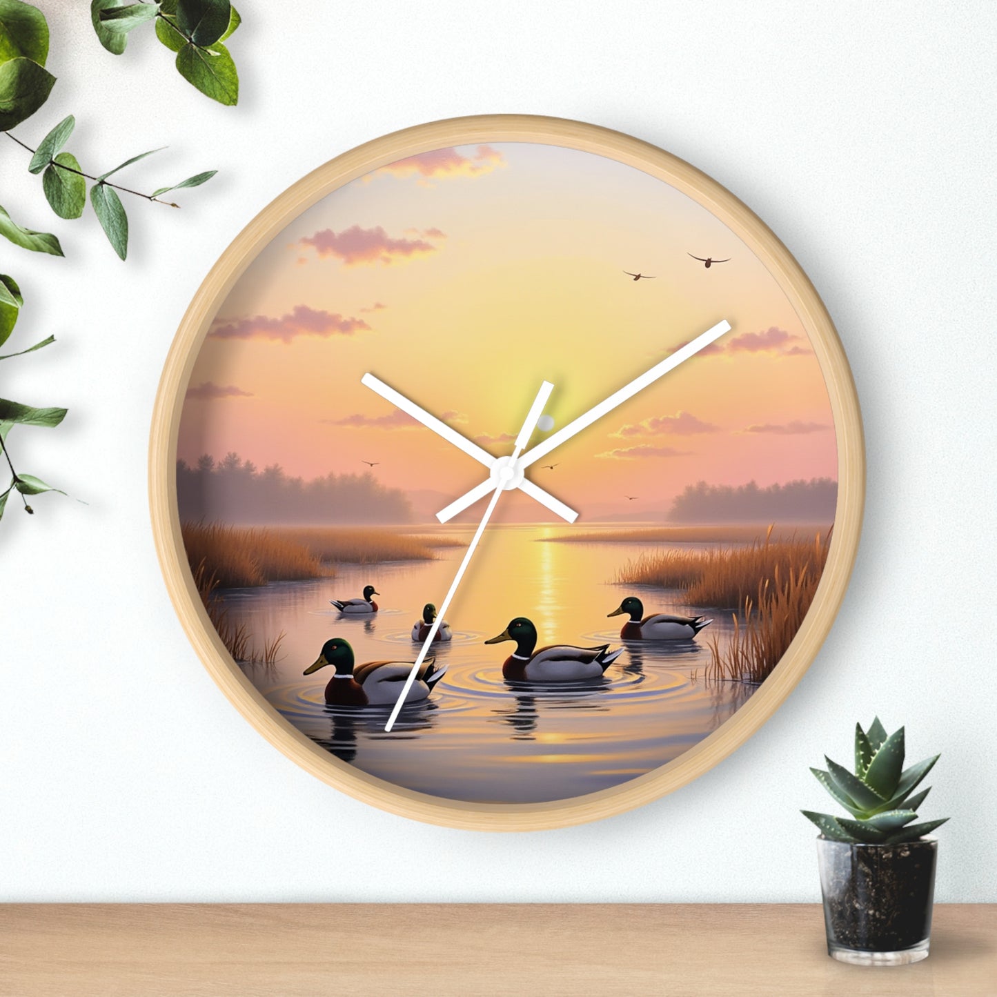 This collection of waterfowl art wall clocks brings the beauty of wetlands into your space, each clock featuring a meticulously crafted scene of waterfowl in natural settings.